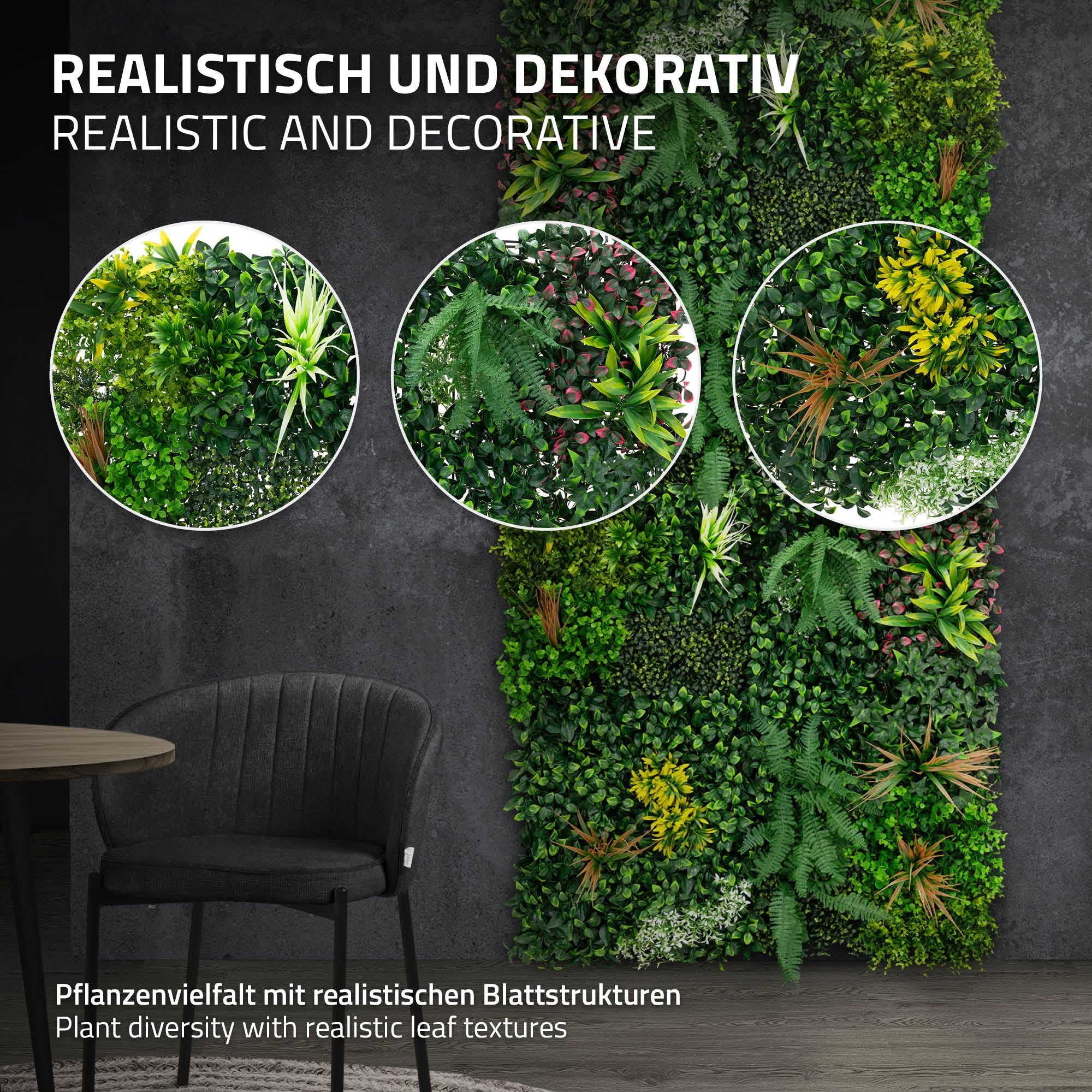 Væg med forskellige grønne planter og dekorative blade.