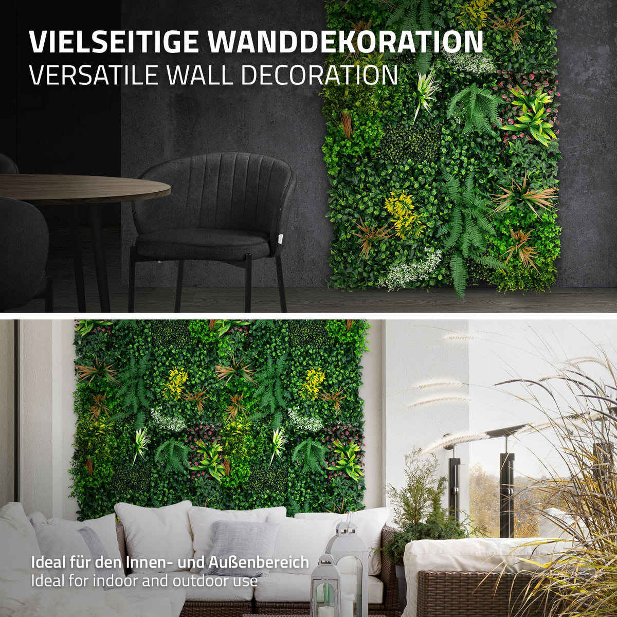 Vægdekoration med forskellige planter til indendørs og udendørs brug.