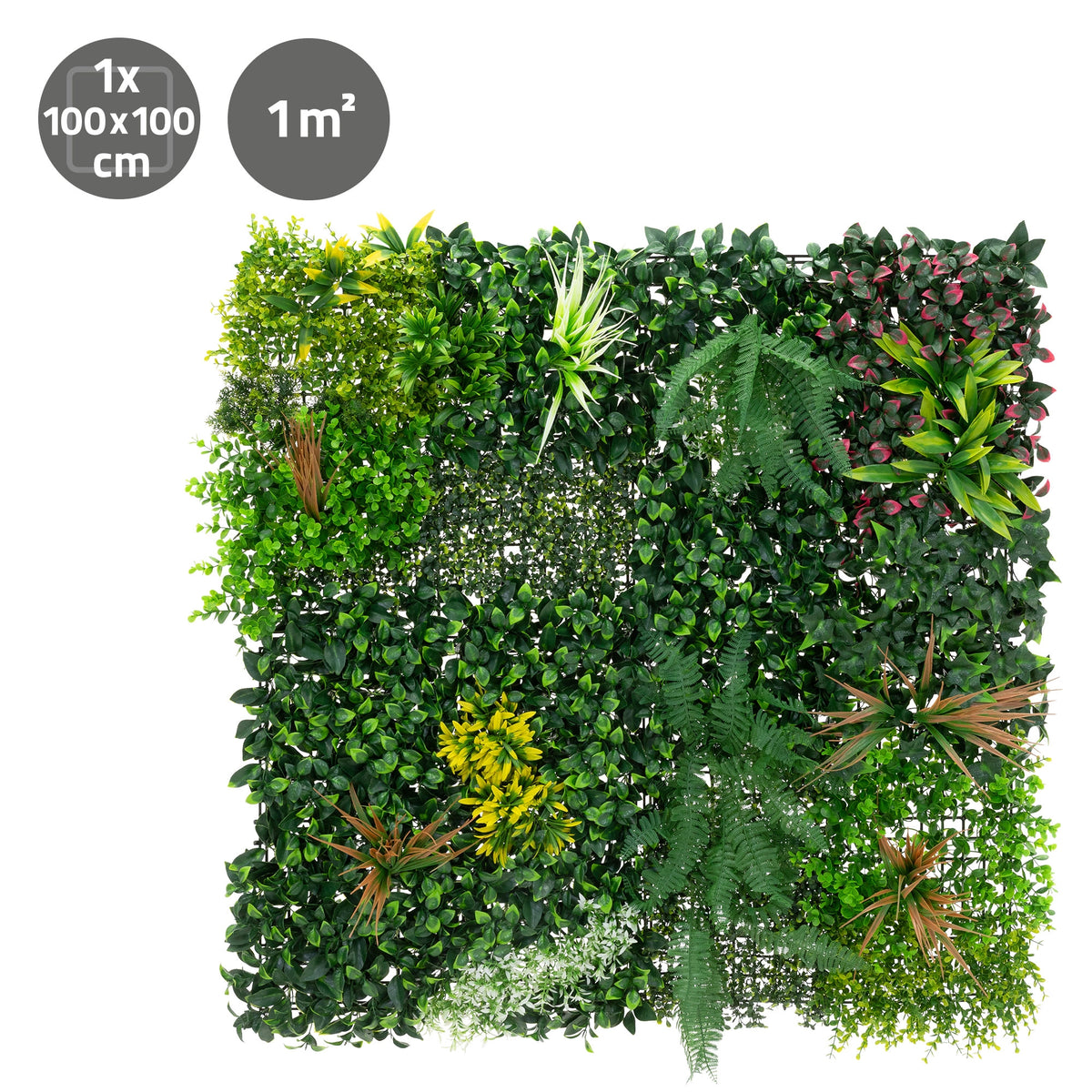 Kunstig plantevæg med forskellige grønne planter på et kvadrat på 1 m².