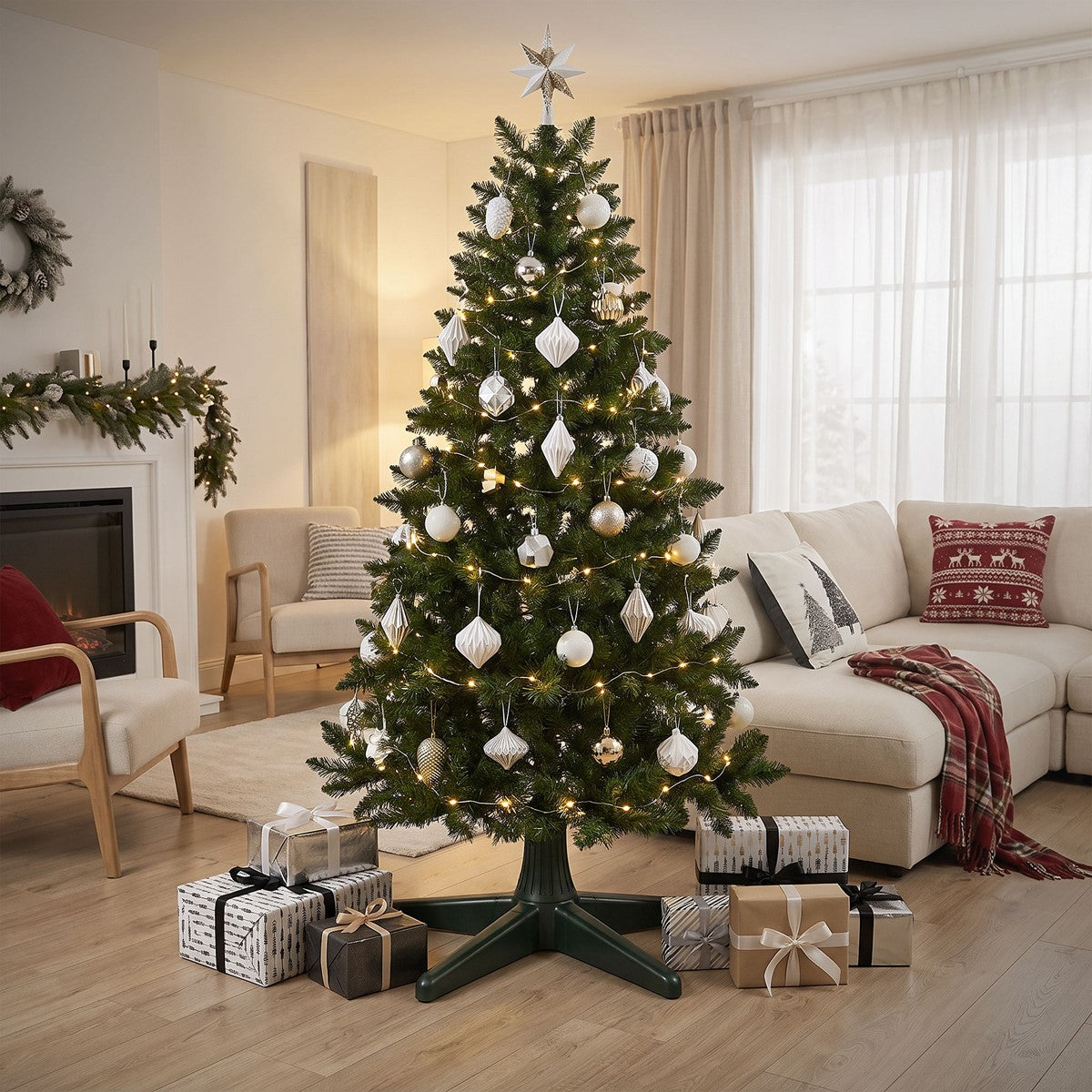 Ein geschmückter Weihnachtsbaum mit Geschenken in einem Wohnzimmer.
