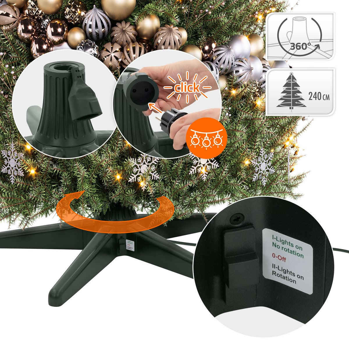 Weihnachtsbaumständer mit Schalter und Drehmechanismus, um den Baum zu drehen.