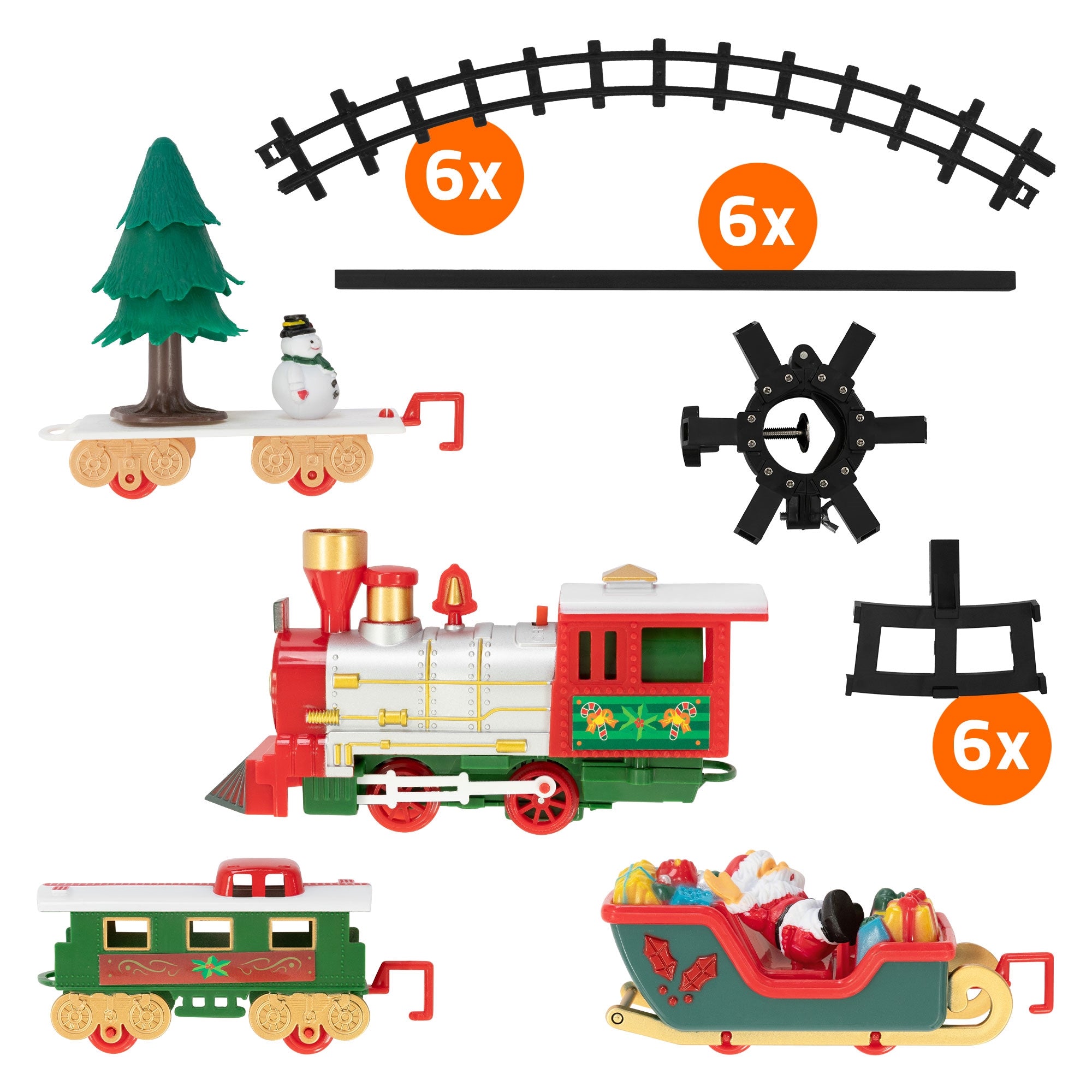 Eisenbahnset mit Bäumen, Schienen und einem Schlitten.