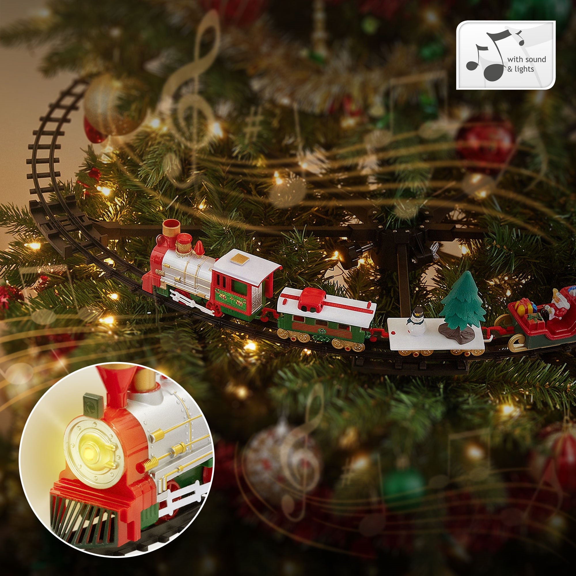 Train with lights and music on a Christmas tree.