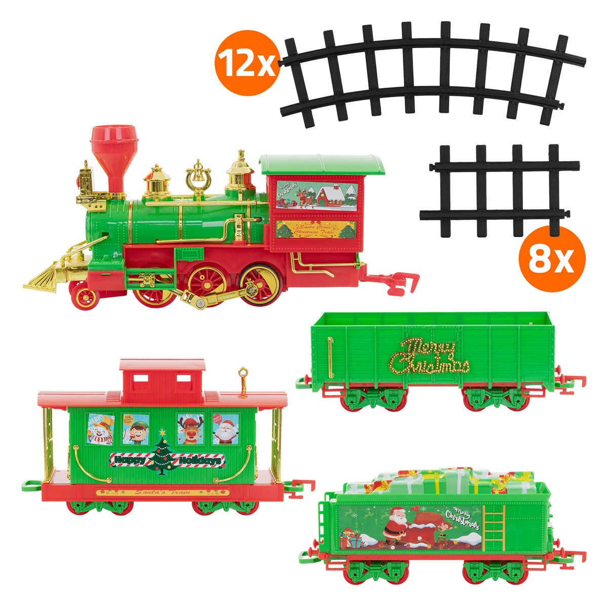 Grüne Spielzeuglokomotive und drei Wagen neben Gleisteilen; abgebildet sind 12 gebogene und 8 gerade Schienen.