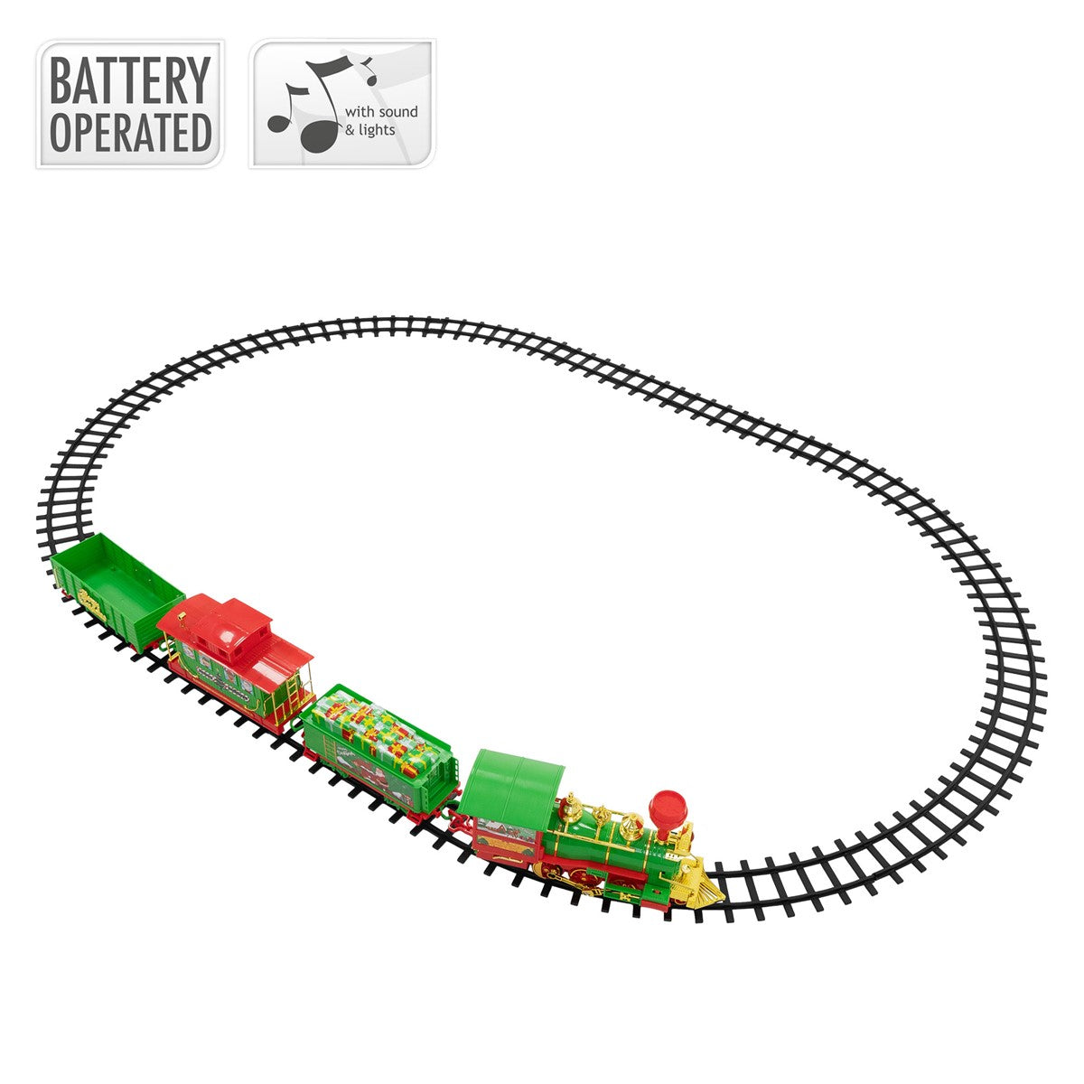 Grüner Weihnachtszug mit mehreren Wagen auf einem ovalen Gleis; Symbole zeigen Batteriebetrieb sowie Ton und Licht.