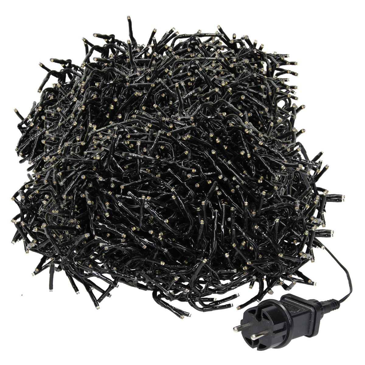 Schwarze LED-Lichterkette mit dicht gebündelten Kabeln und Netzstecker.