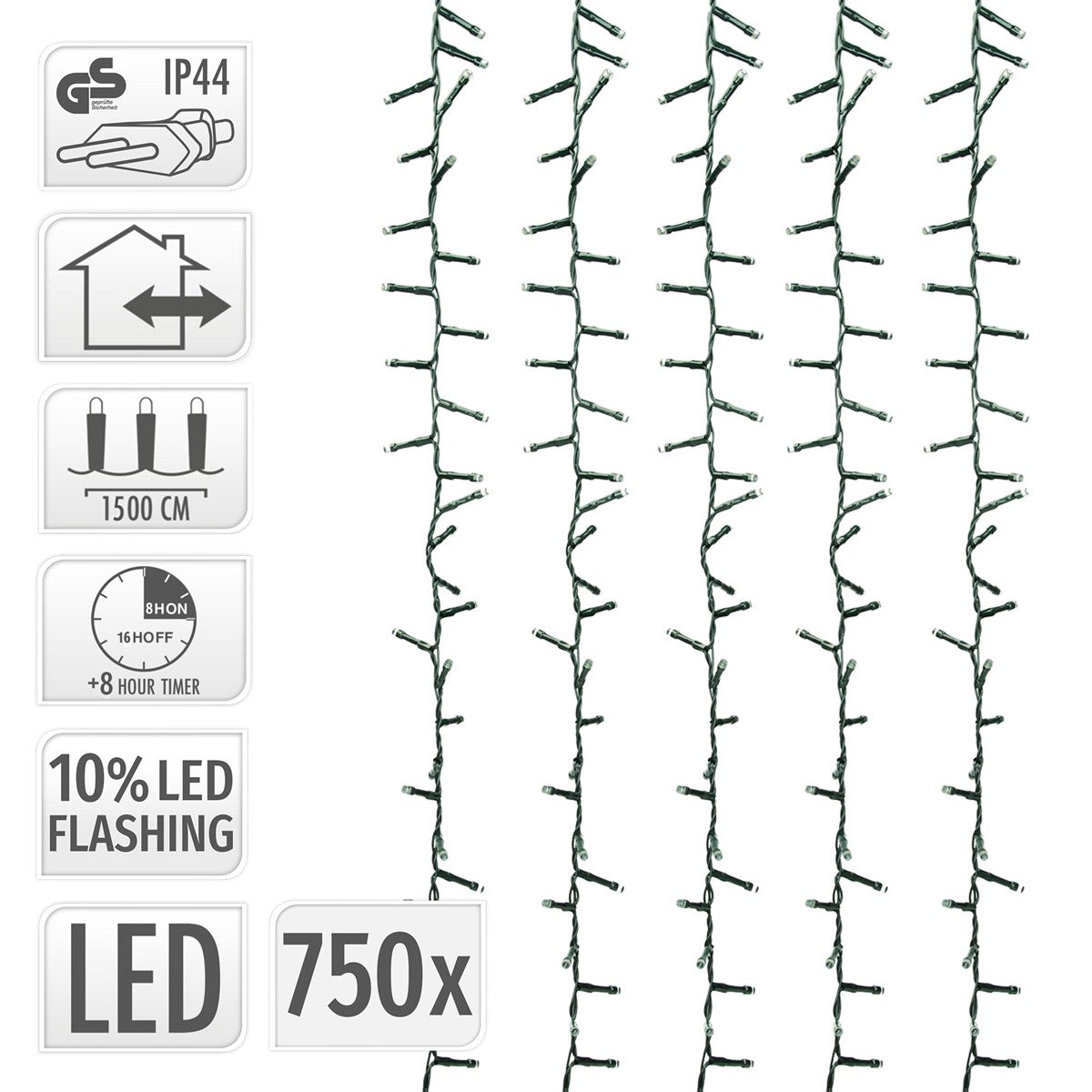 Lichterkette mit 750 LEDs, 1500 cm lang, IP44, 10% blinkend, 8-Stunden-Timer.
