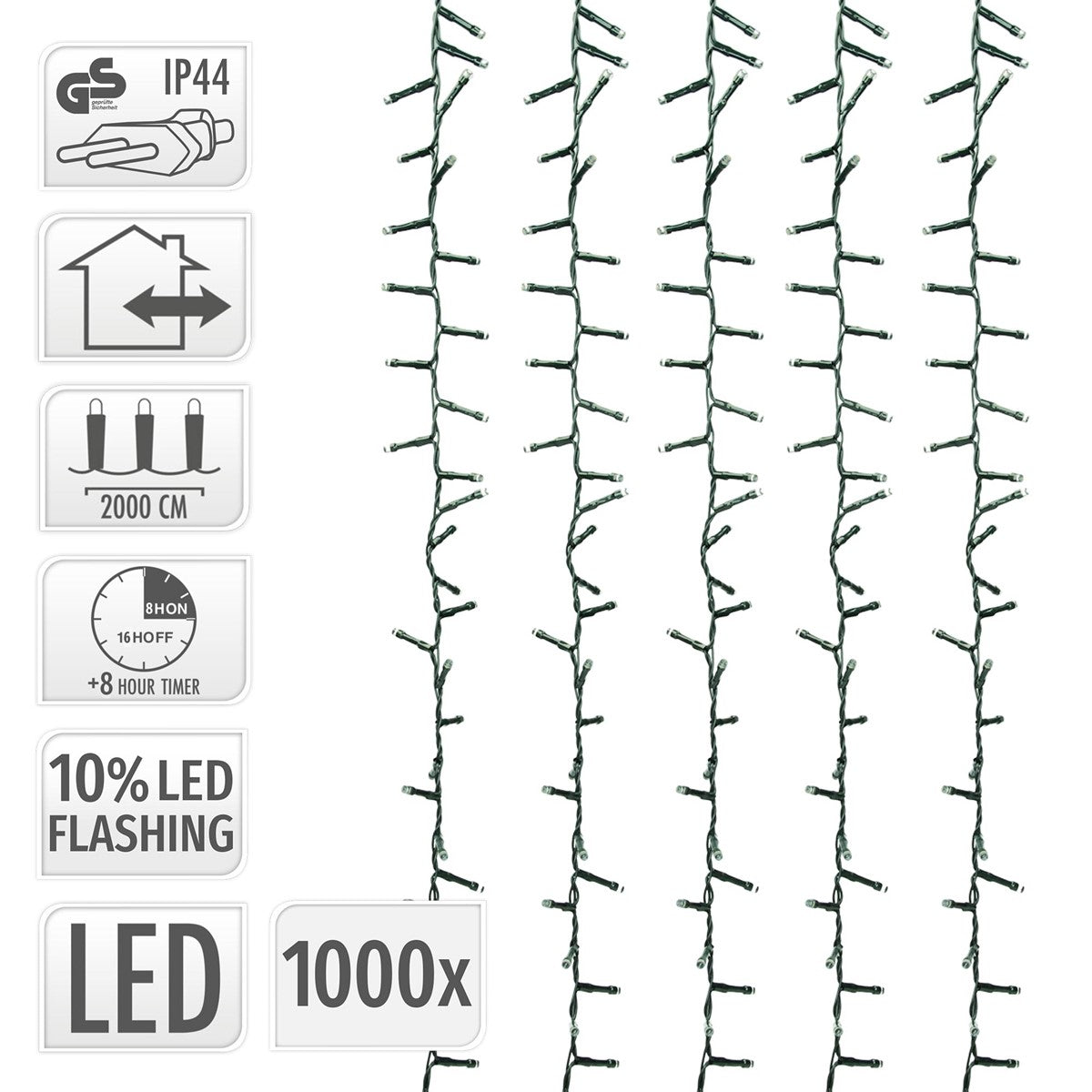 Lichterkette mit 1000 LEDs, 10% blinken, Länge 2000 cm.