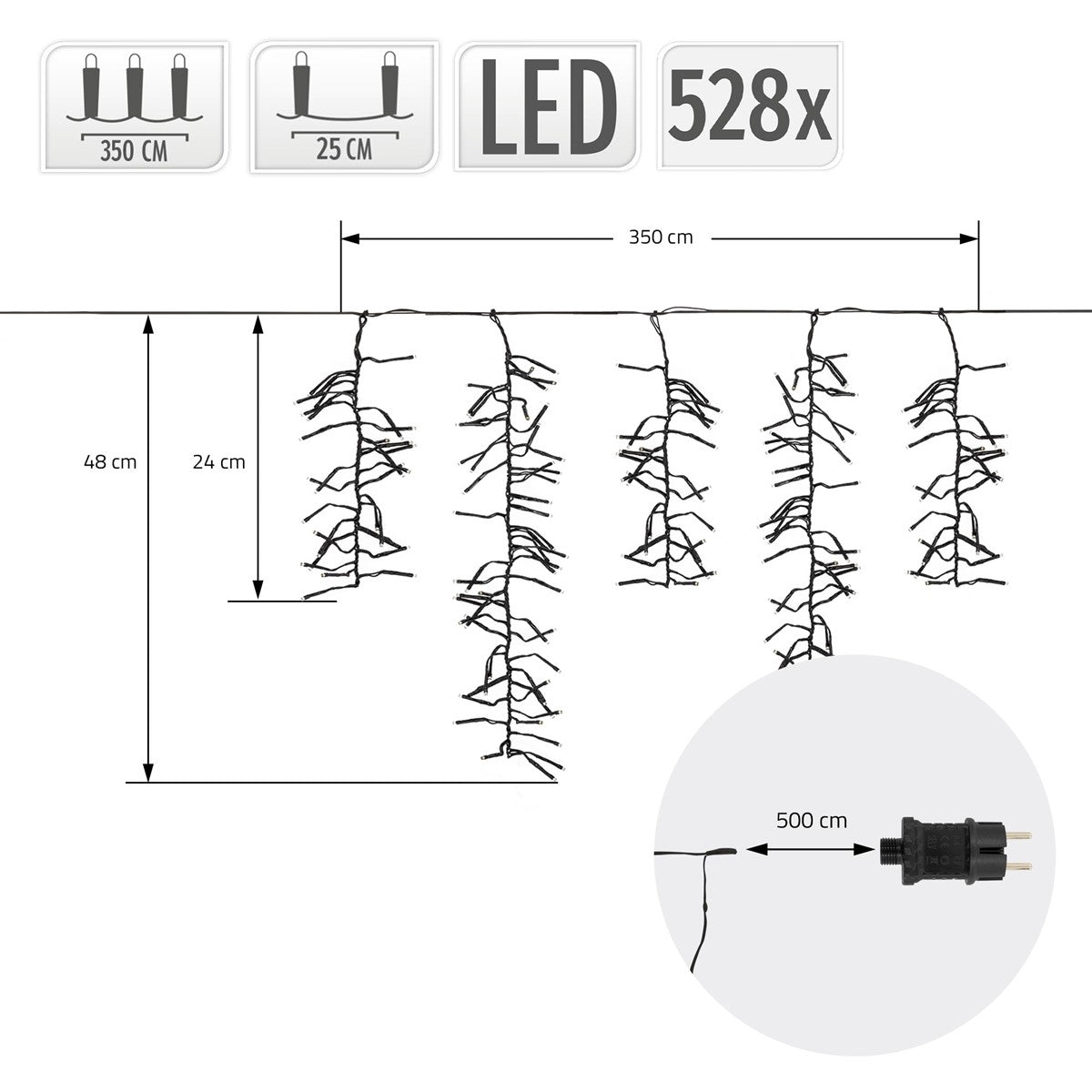 Maßgrafik einer LED-Lichterkette mit 528 Lichtern, 350 cm Breite und 48 cm Höhe; Zuleitung 500 cm.