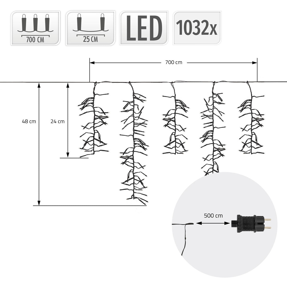 Diagramm mit Abmessungen und Details zu LED-Lichtern.