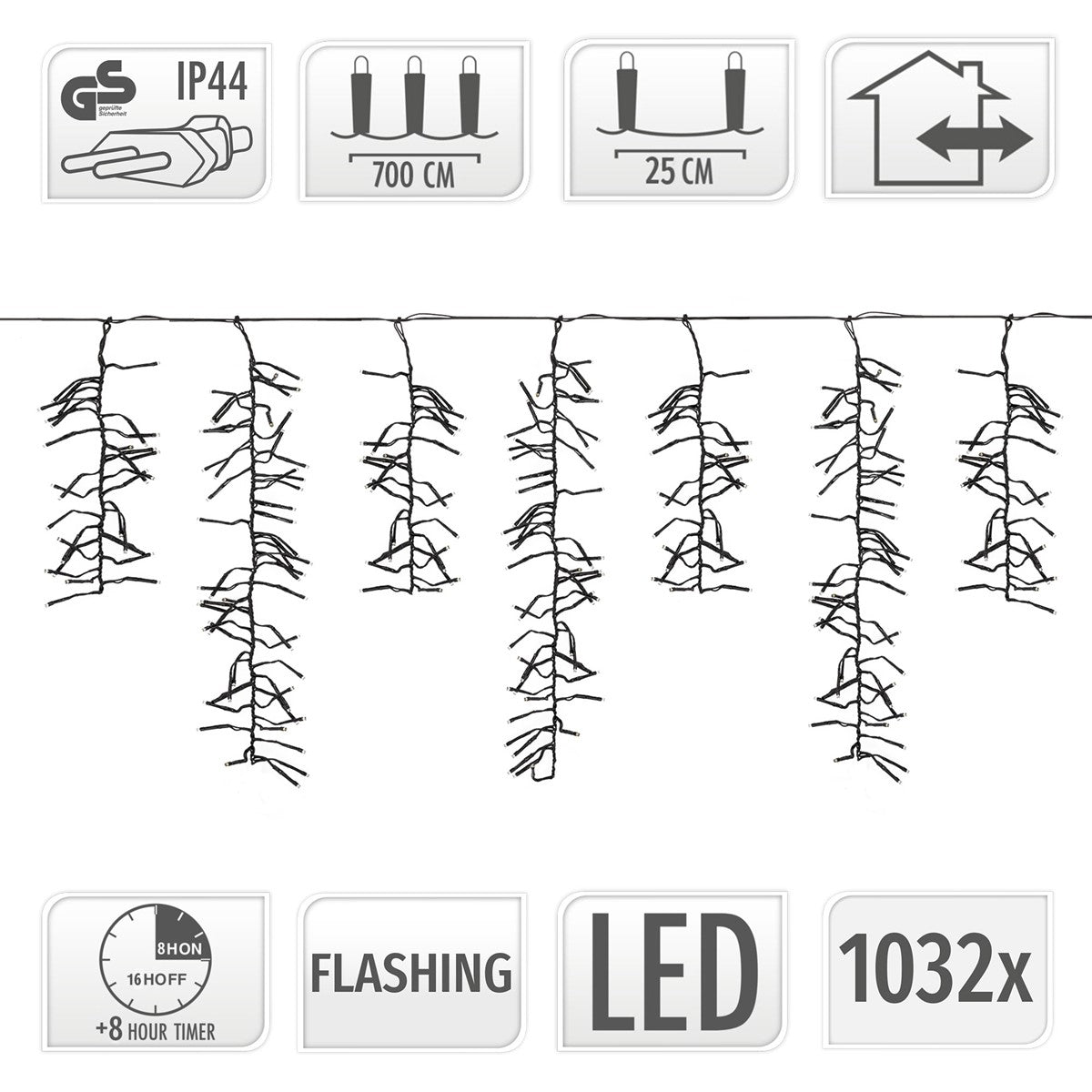 Lichterkette mit hängenden Zweigen, schwarz, 700 cm lang, LED, blinken möglich.