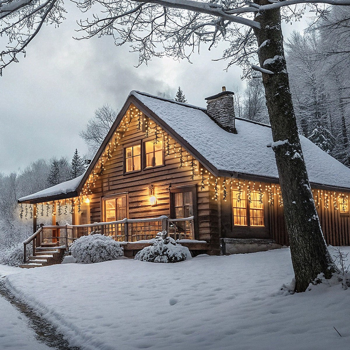 Holzhaus im Schnee, mit Lichtern dekoriert, Bäume im Hintergrund.
