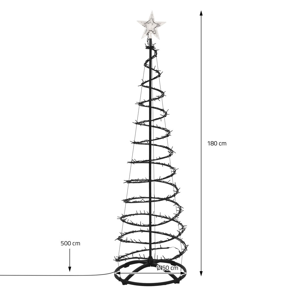 Schwarzer Weihnachtsbaum mit Maßen: 180 cm hoch, 50 cm Durchmesser.