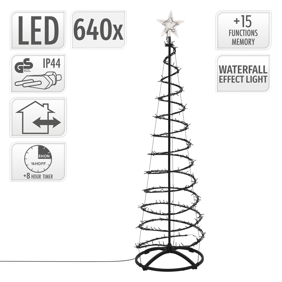 Schwarzer Weihnachtsbaum mit LED, 640 Lichtern und 15 Funktionen.