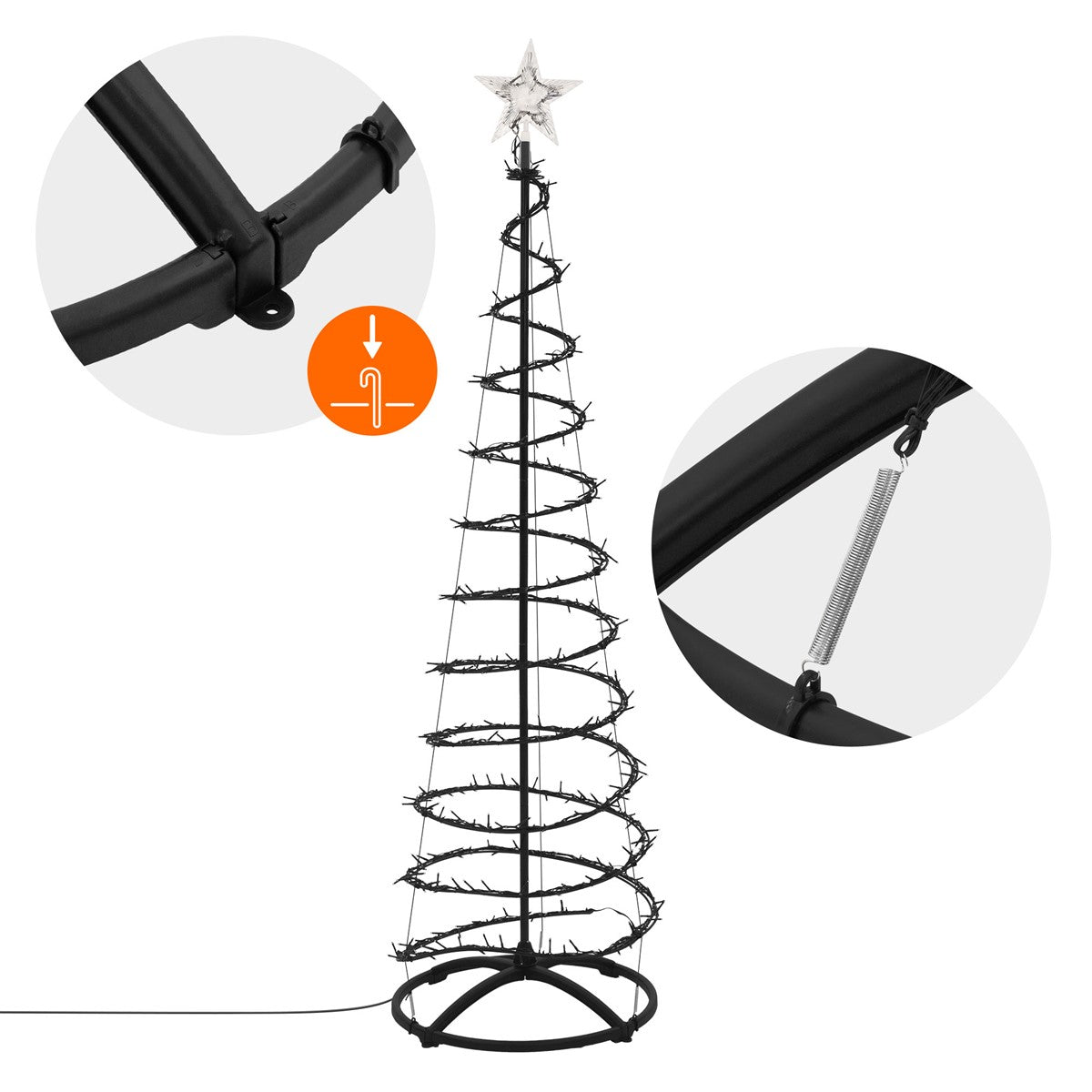 Schwarzer Weihnachtsbaum mit Stern und Lichtern, Detailansicht der Struktur.