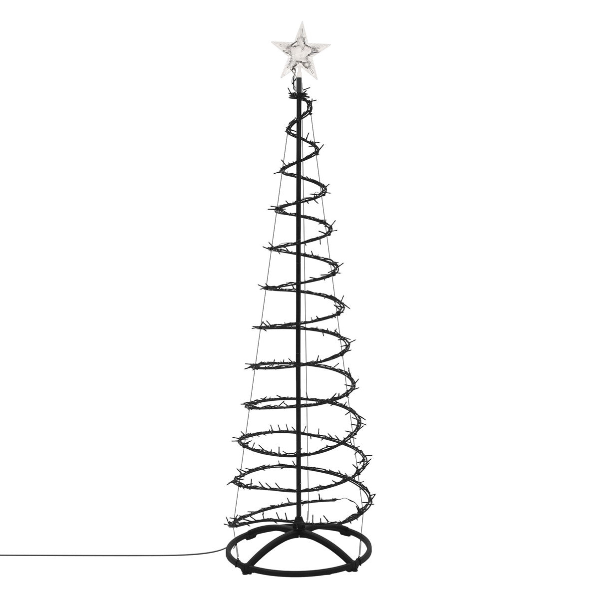 Ein schwarzer, spiralförmiger Weihnachtsbaum mit Lichtern und einem Stern an der Spitze.
