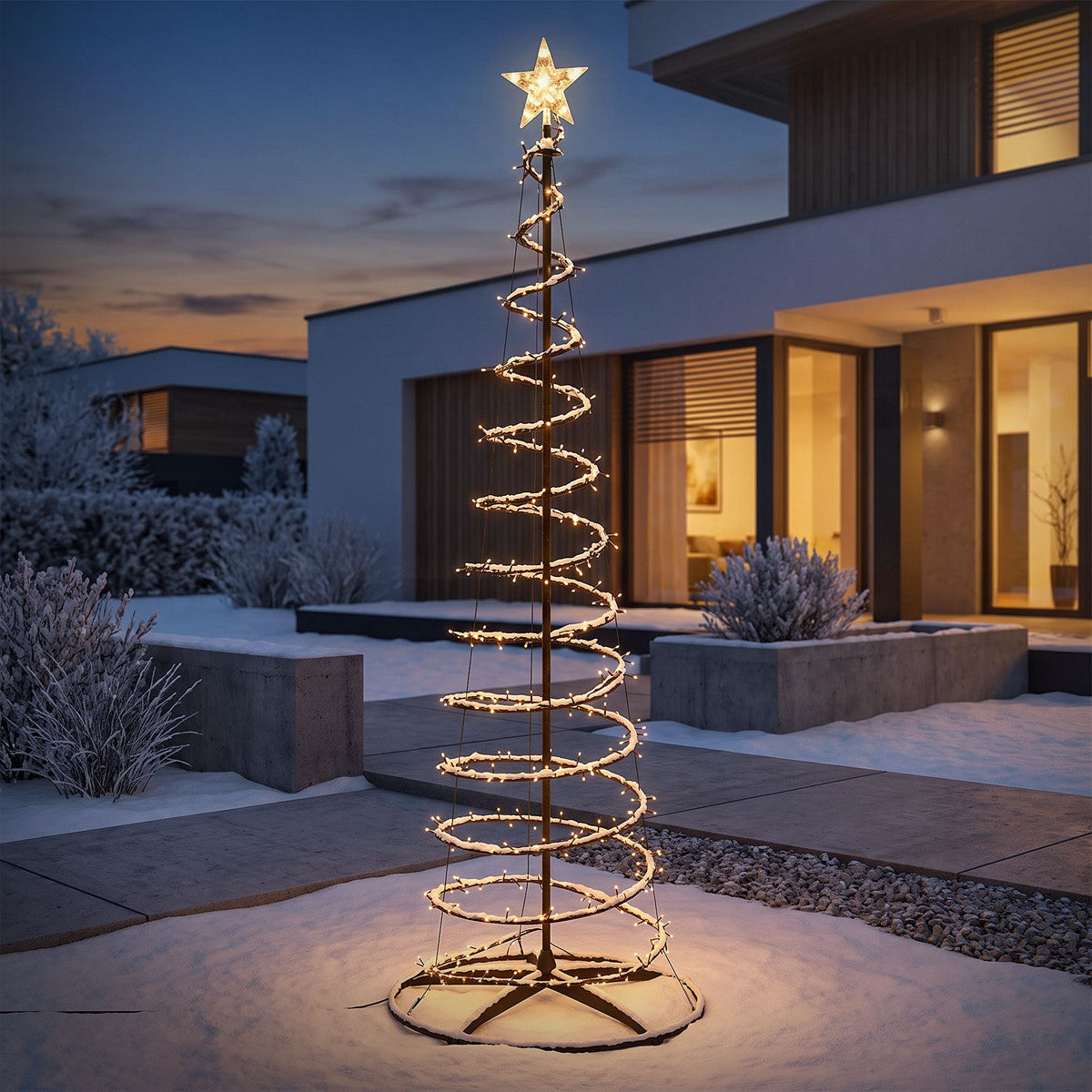 Weihnachtsbaum aus Lichtern vor modernem Gebäude im Schnee.
