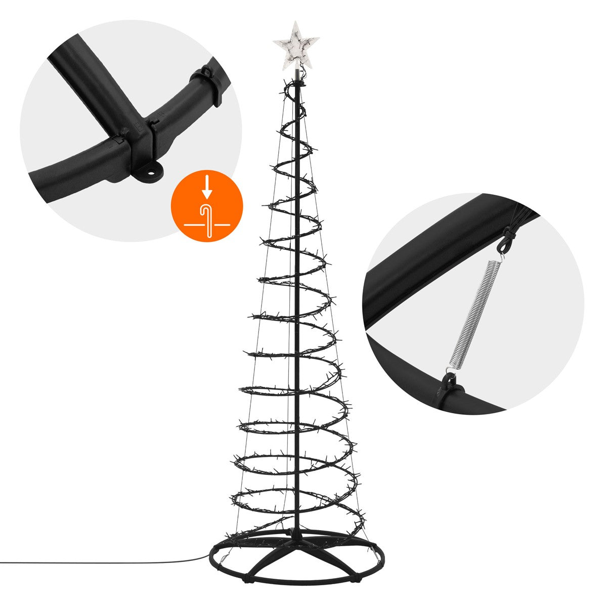 Schwarzer Weihnachtsbaum mit Stern und Lichtern, Detailansicht der Struktur.