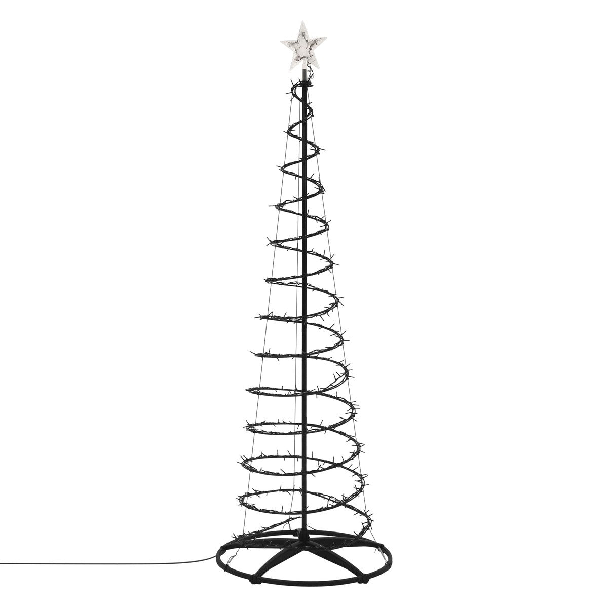 Ein schwarzer, spiralförmiger Weihnachtsbaum mit Lichtern und einem Stern an der Spitze.