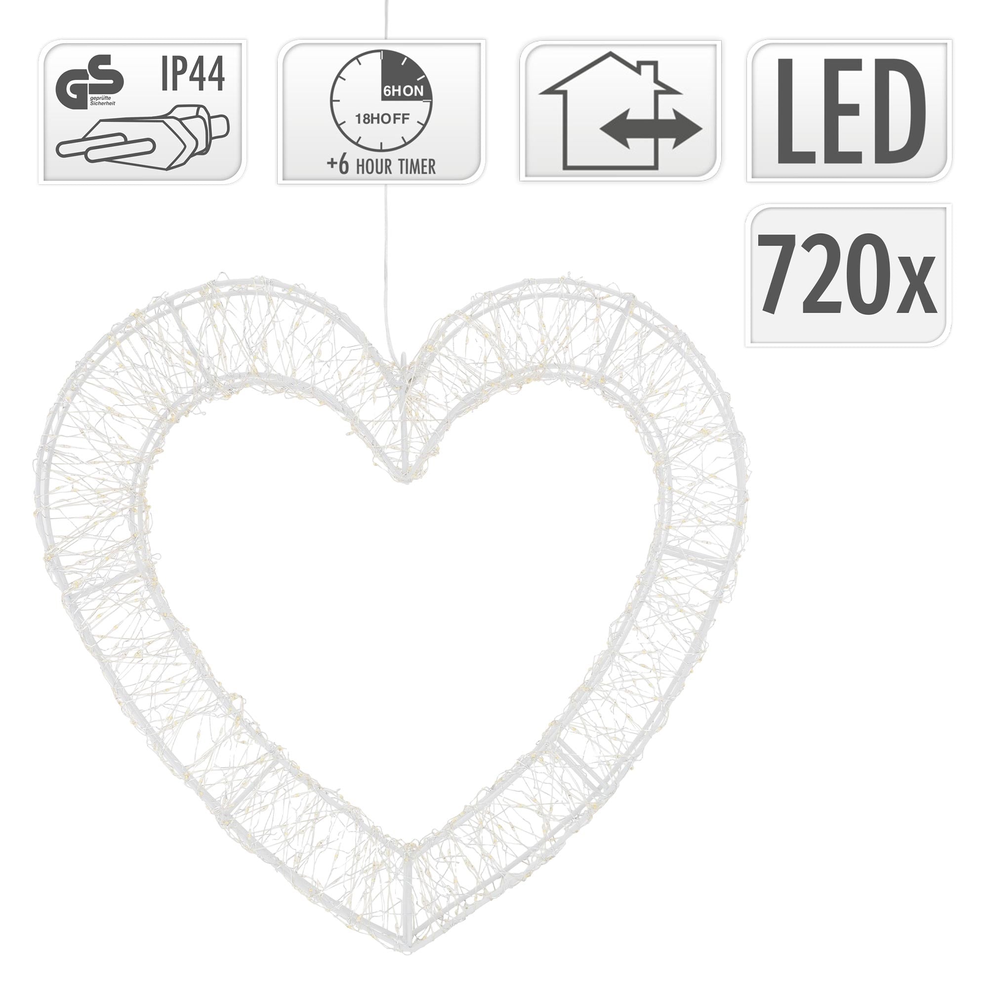 Zavěšené srdce s technickými symboly a informacemi o LED.