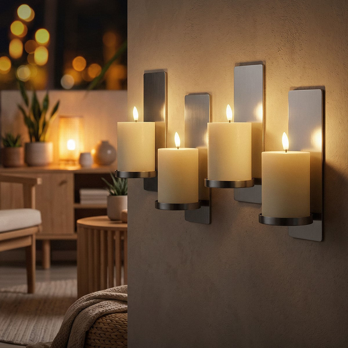Vier cremefarbene LED-Kerzen in Wandhaltern in einem Wohnzimmer; im Hintergrund stehen weitere Kerzen und eine Pflanze.