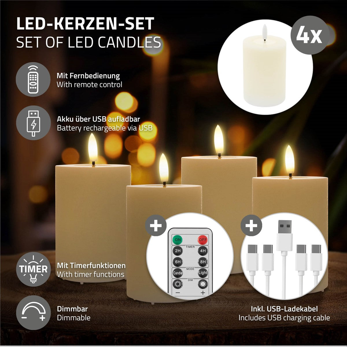 Produktgrafik eines LED-Kerzen-Sets mit vier Kerzen, Fernbedienung und USB-Ladekabel; Funktionen: Timer und dimmbar.