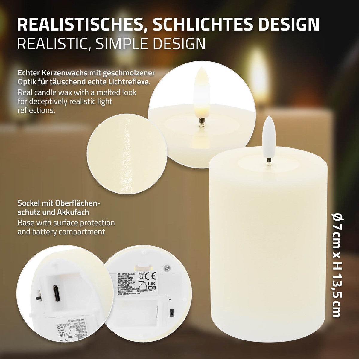 Cremefarbene LED-Kerze mit Fernbedienung und Nahaufnahmen von Sockel, Ladeanschluss und Batteriefach; Höhe 13,5 cm, Durchmesser 7 cm.