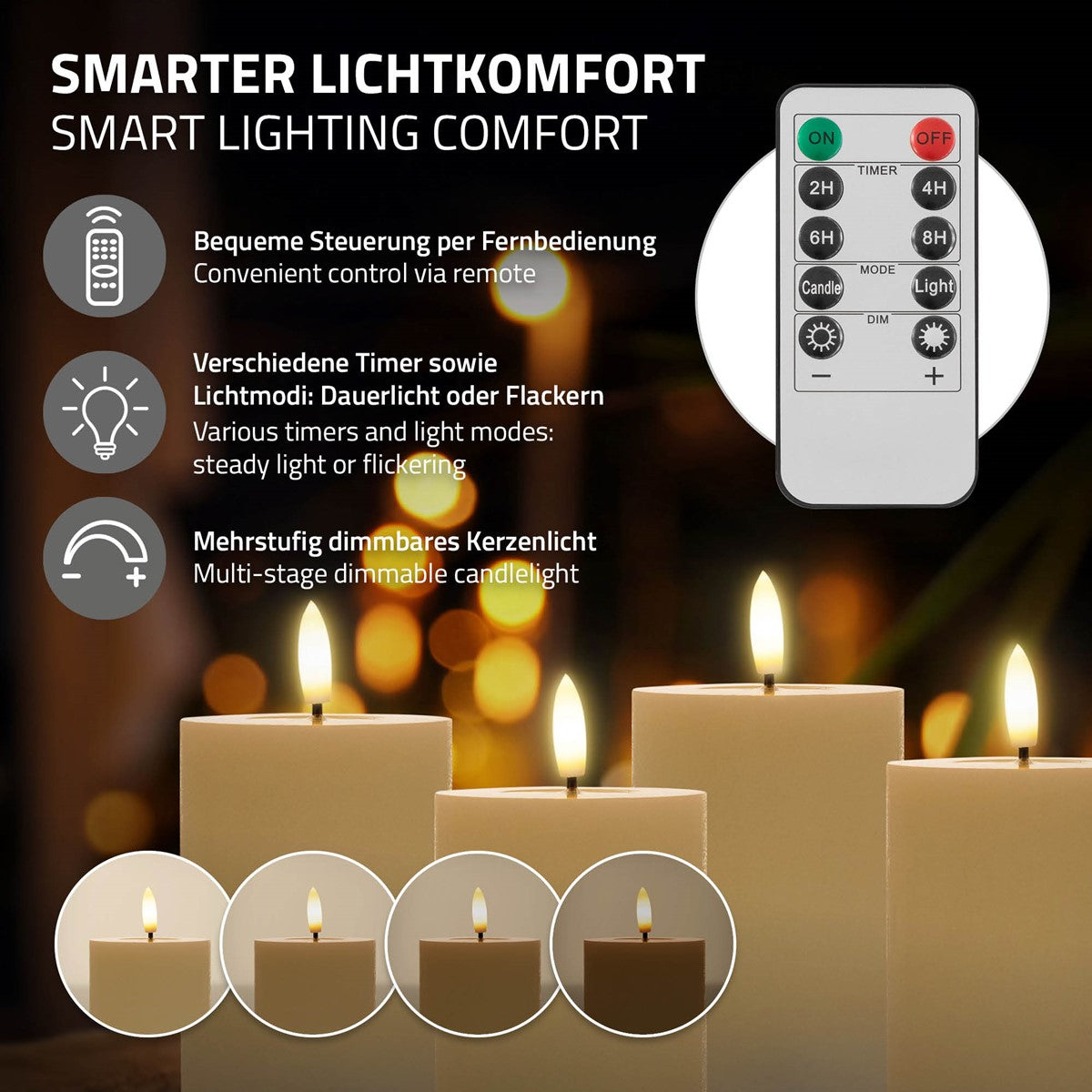 Vier cremefarbene LED-Kerzen mit unterschiedlichen Flammenmodi; oben rechts eine Fernbedienung, links Angaben zu Timer und Lichtmodi.