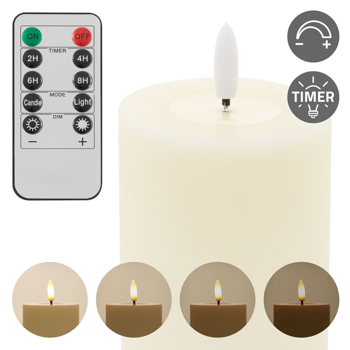 Cremefarbene LED-Kerze mit Fernbedienung, Timer- und Helligkeitssymbolen sowie vier Ansichten des flackernden Lichts.