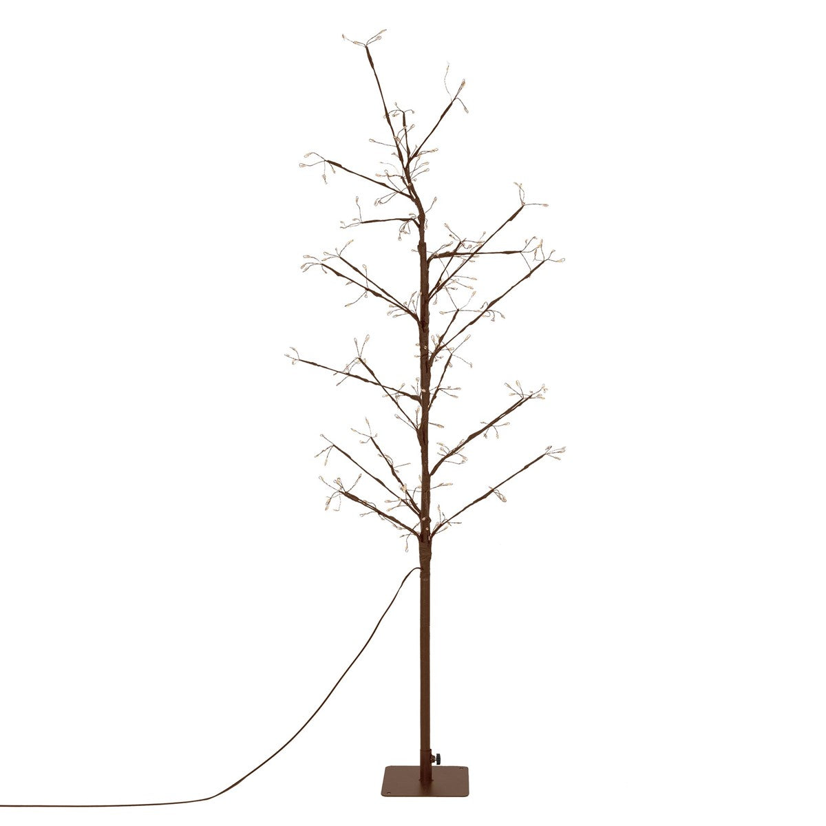 Schmaler, unbeleuchteter Baum aus braunen Zweigen auf einem flachen Standfuß; ein Kabel führt seitlich weg.