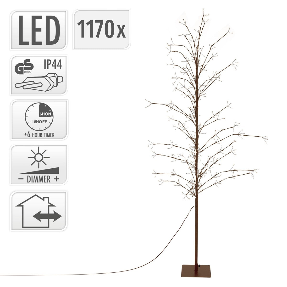 LED-Baum mit 1170 LEDs und Kabel; Symbole zeigen IP44, Timer, Dimmer und Innen- und Außenbereich.