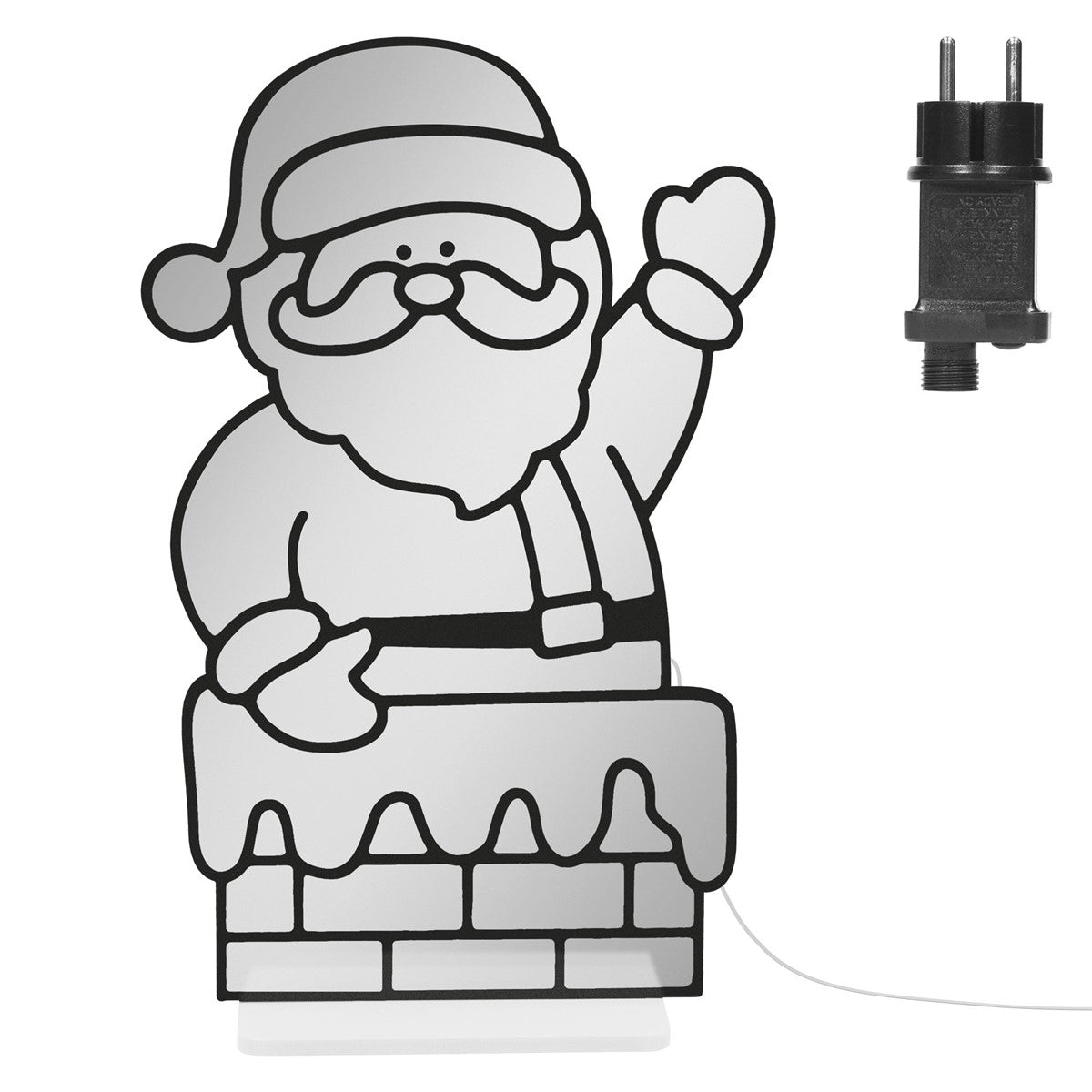 Weihnachtsmannfigur aus Kunststoff, die winkt, mit einem Stecker daneben.