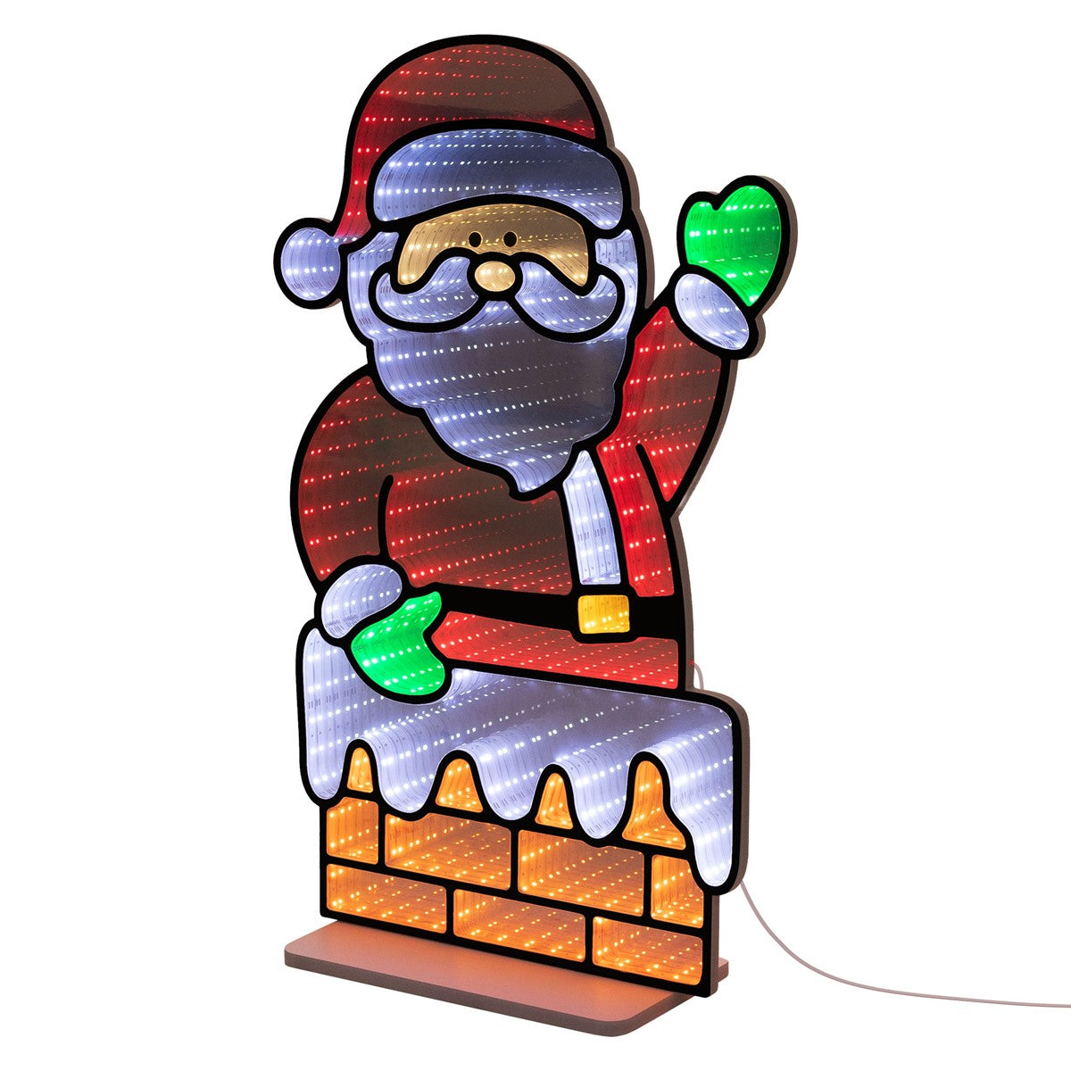 Leuchtende Weihnachtsmannfigur, die aus einem Schornstein winkt, mit bunten LED-Lichtern.