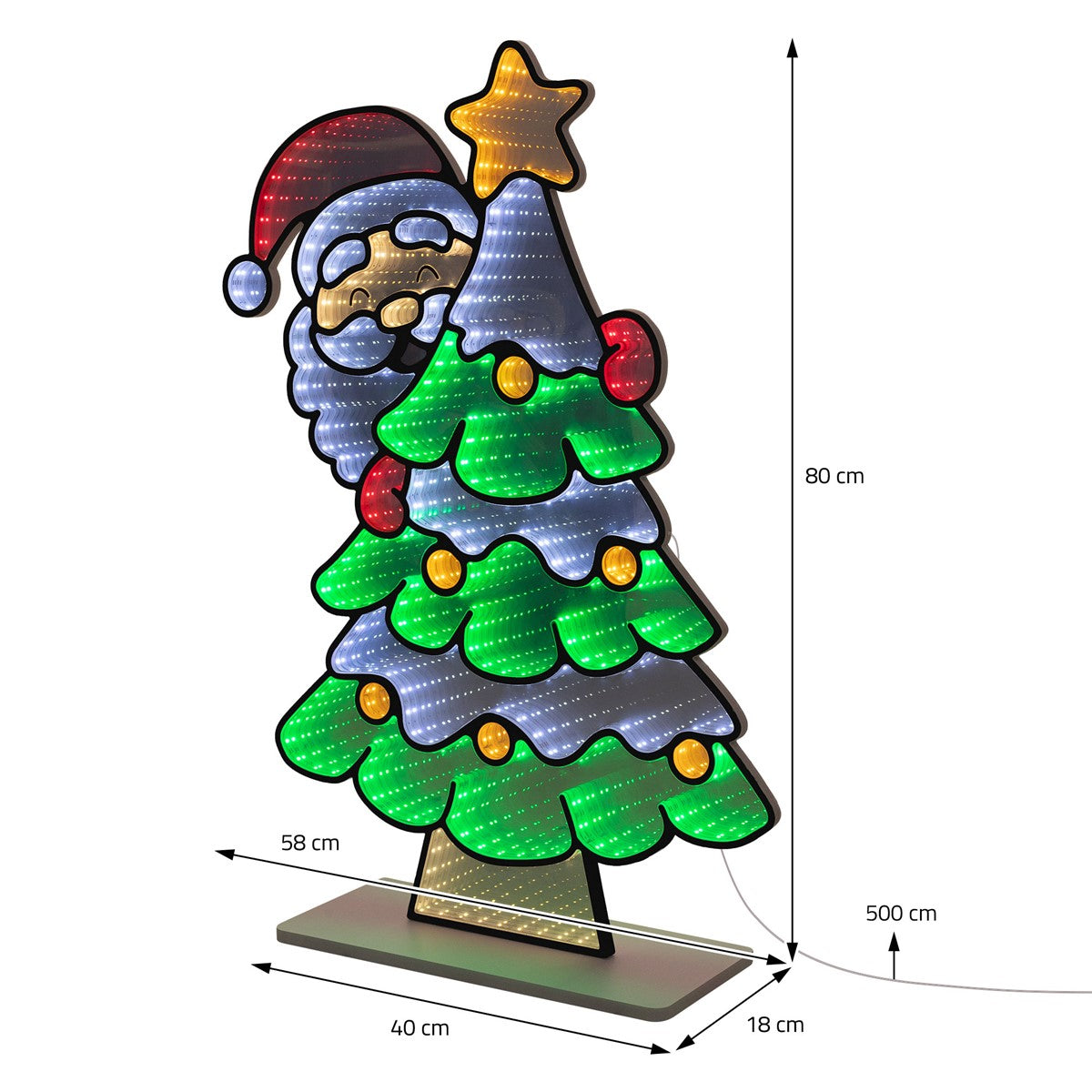 Weihnachtsmannfigur mit Tannenbaum, Maßangaben sind sichtbar.