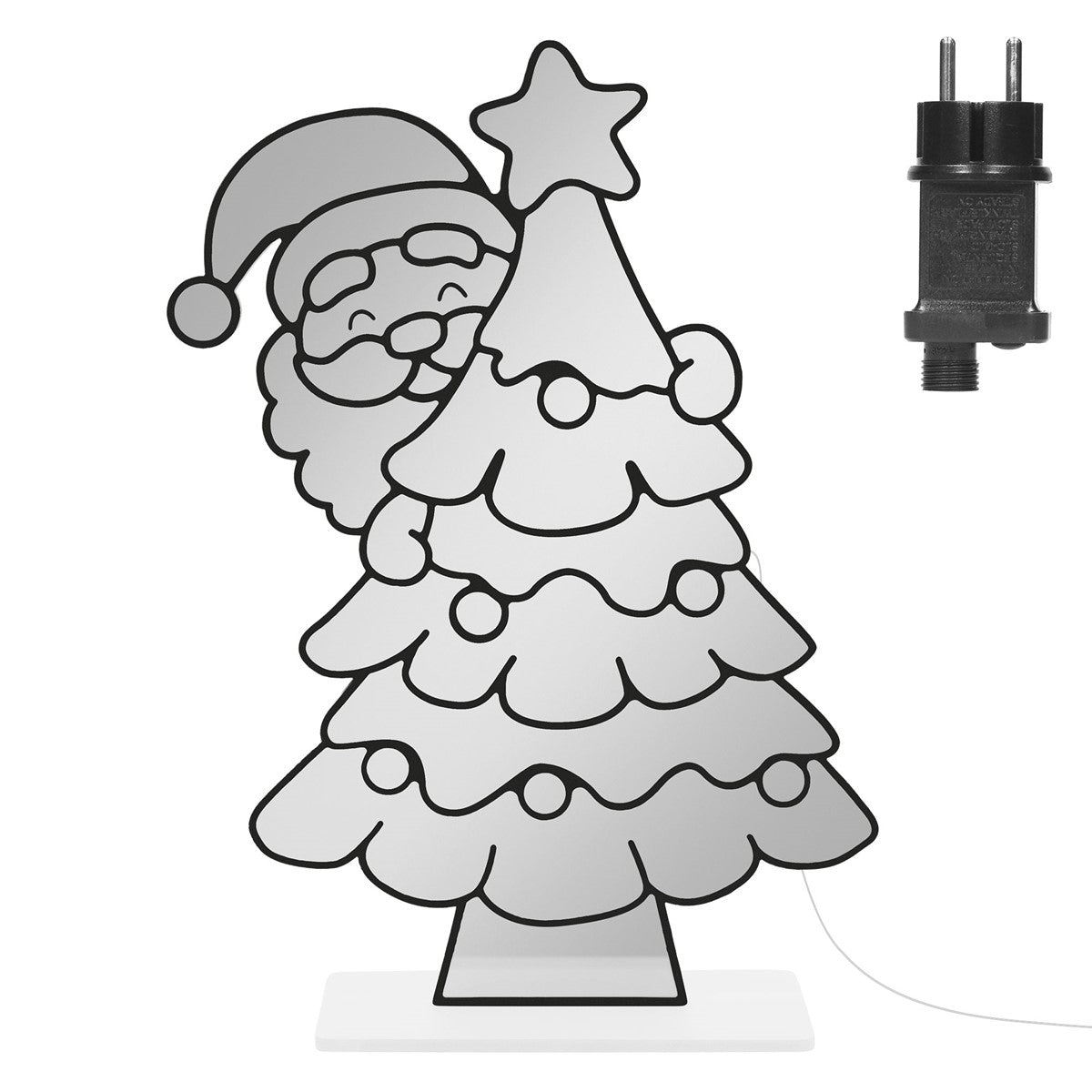 Schwarz-weiße Skizze der Weihnachtsmannfigur mit Weihnachtsbaum und Stecker.