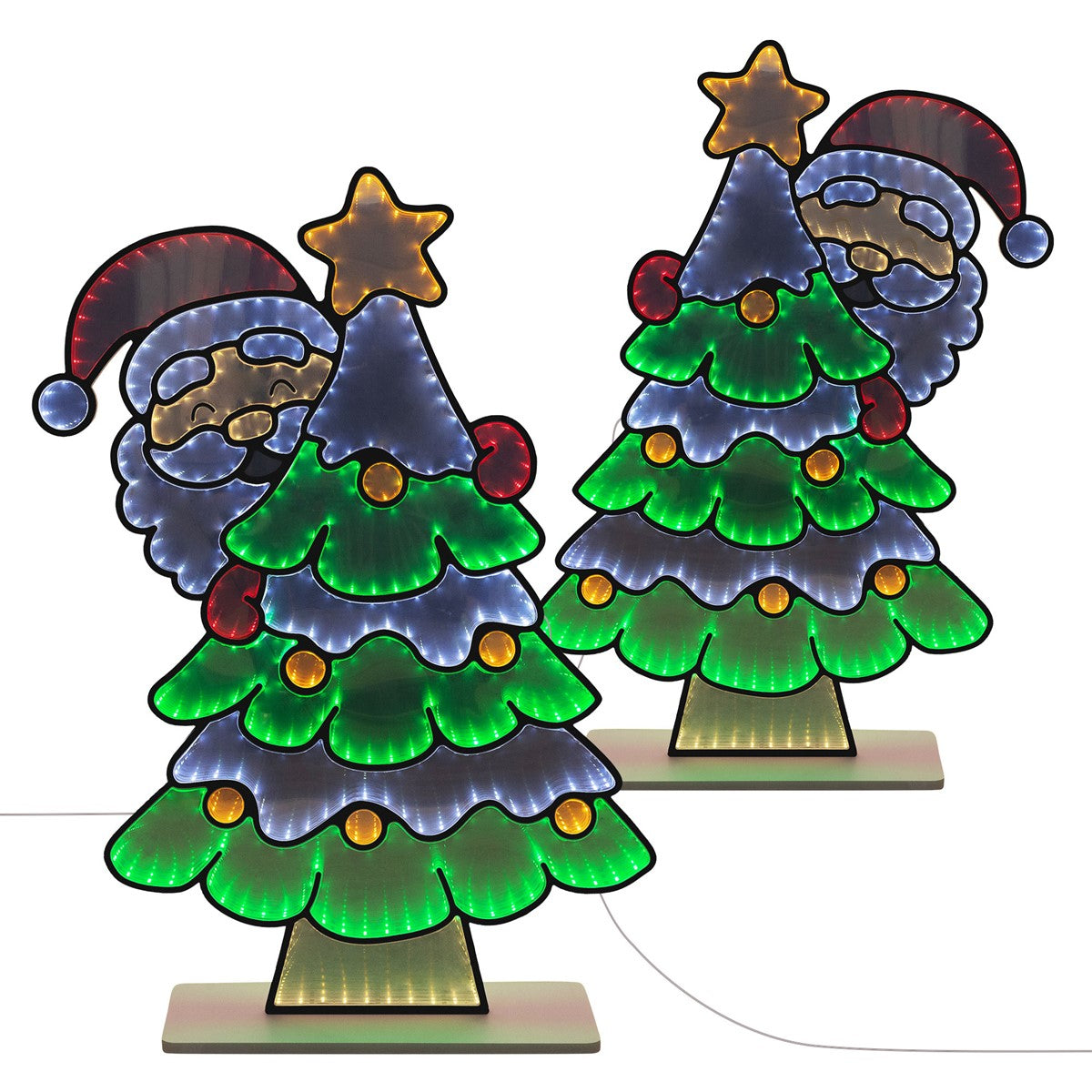 Zwei leuchtende Weihnachtsbäume mit Weihnachtsmännern, in bunten Farben.