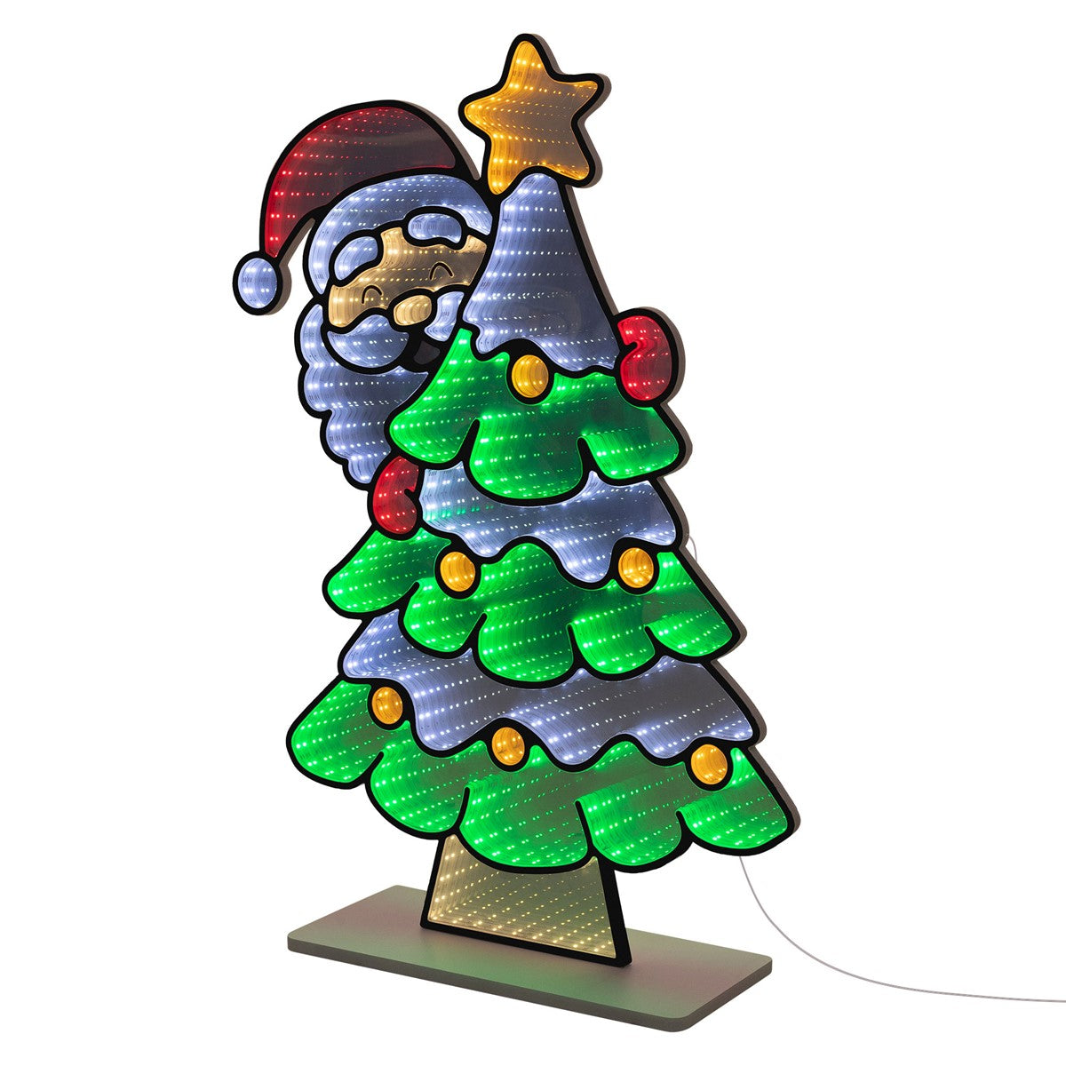 Leuchtende Weihnachtsmannfigur, die einen Weihnachtsbaum mit Stern dekoriert.
