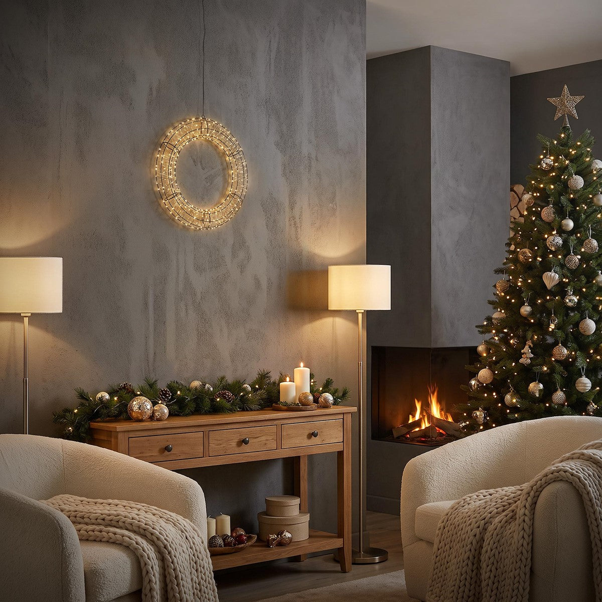 Gemütlicher Raum mit Weihnachtsbaum, Kerzen und dekorativem Kranz an der Wand.