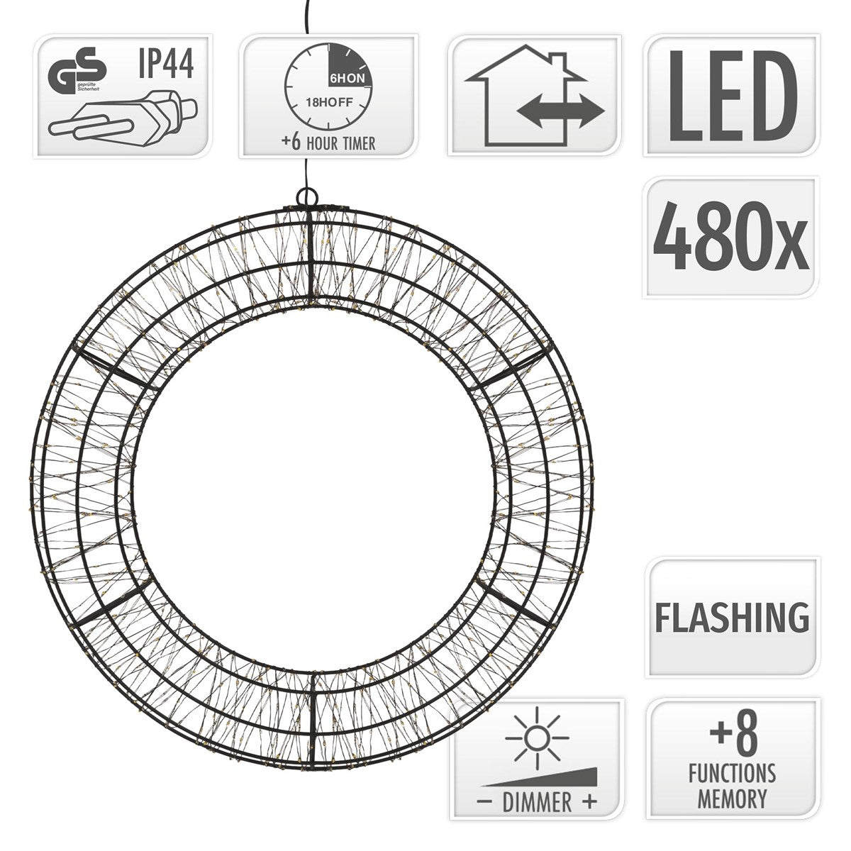 Runder Lichtkranz mit LED-Beleuchtung, zeigt verschiedene Funktionen und Timer.
