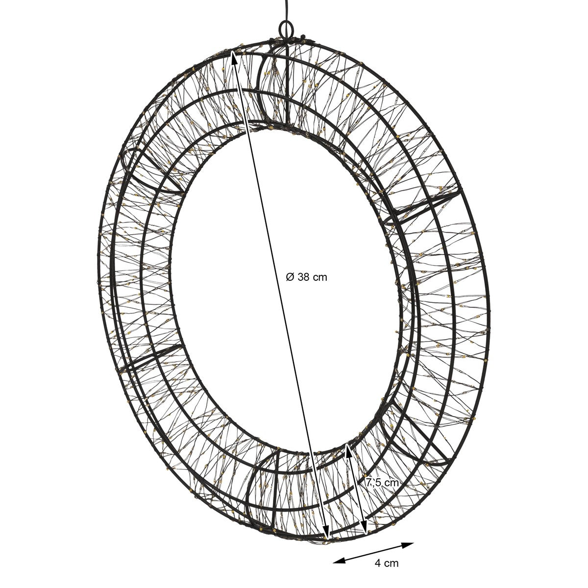Runder Lichtkranz mit Durchmesser 38 cm und 4 cm Tiefe, aus Draht gefertigt.