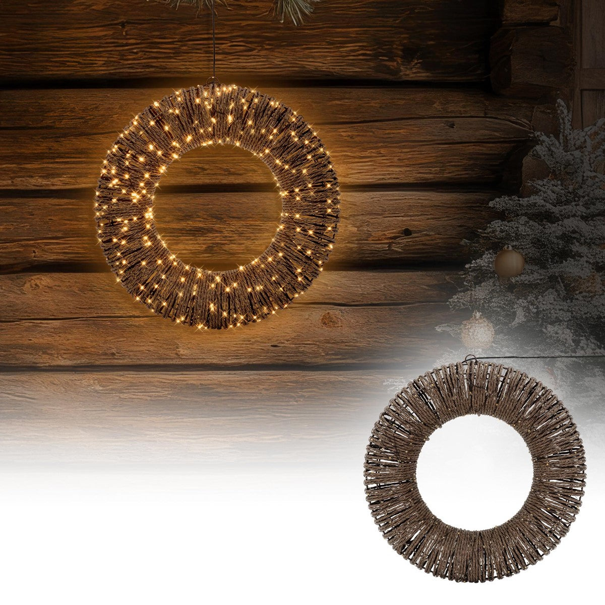 Decorative wreath with lights in front of a wooden surface.
