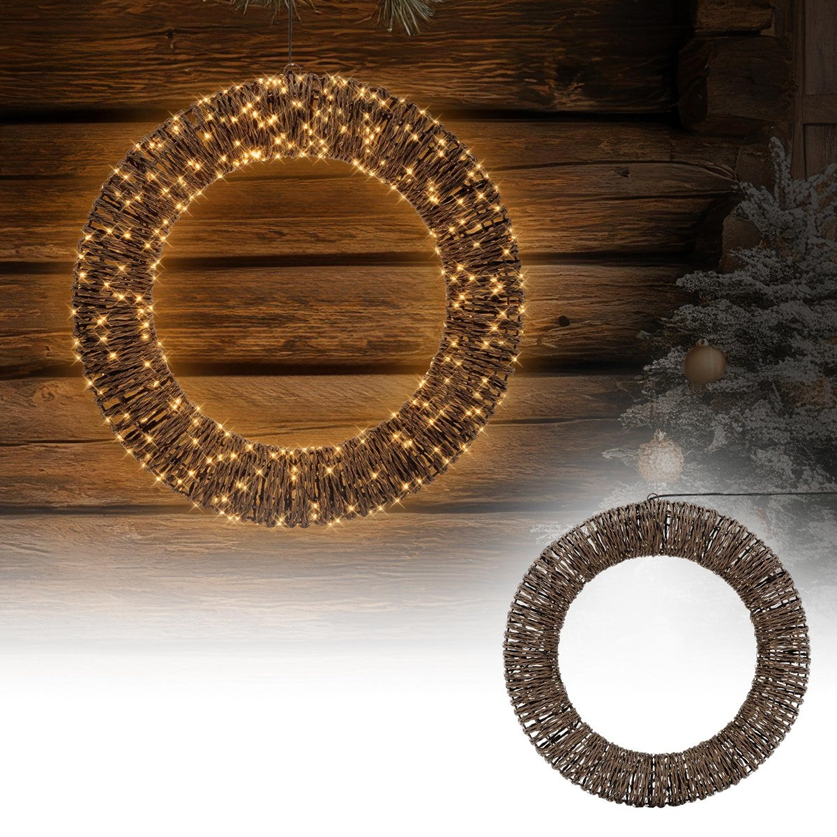 Két, ágakból készült, fényekkel díszített koszorú, az egyik átlátszó, a másik fán van.