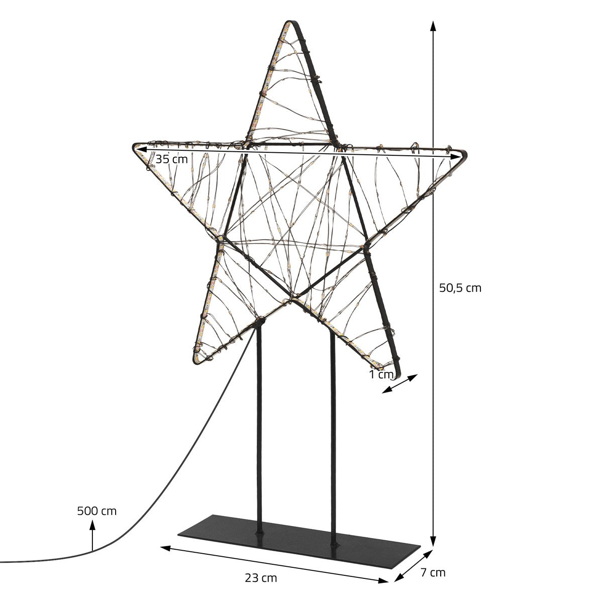 Drahtstern mit Lichtern, Höhe 50,5 cm, Breite 35 cm, auf schwarzem Sockel.