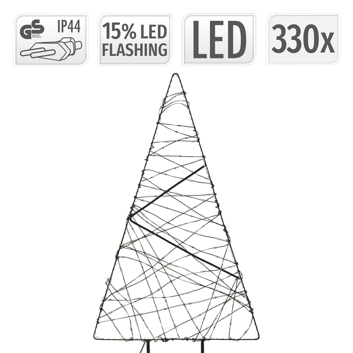 Produktinformationen zu einem Drahtbaum mit LED-Lichtern und IP44-Schutz.