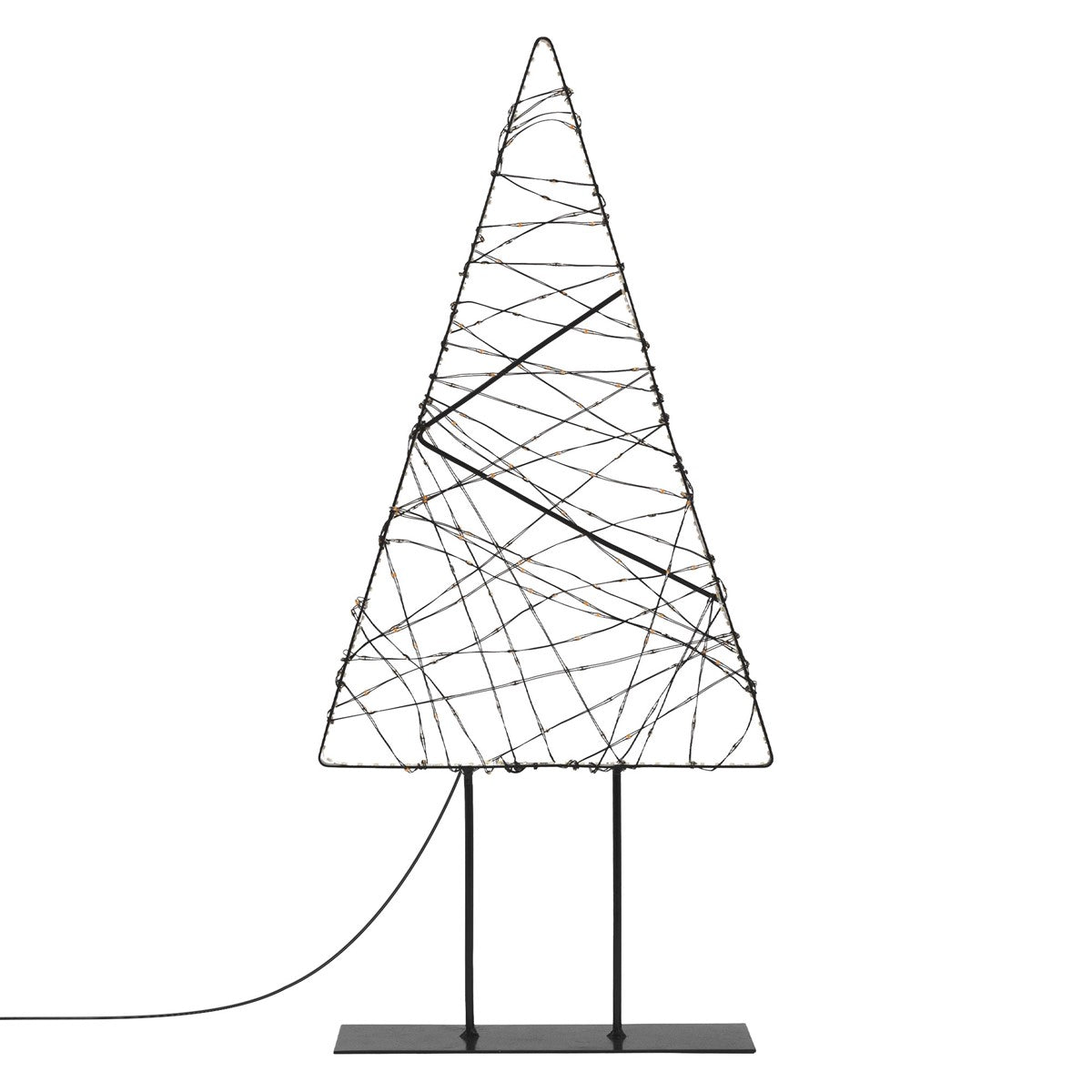 Beleuchteter Weihnachtsbaum aus Draht auf einem schwarzen Standfuß.