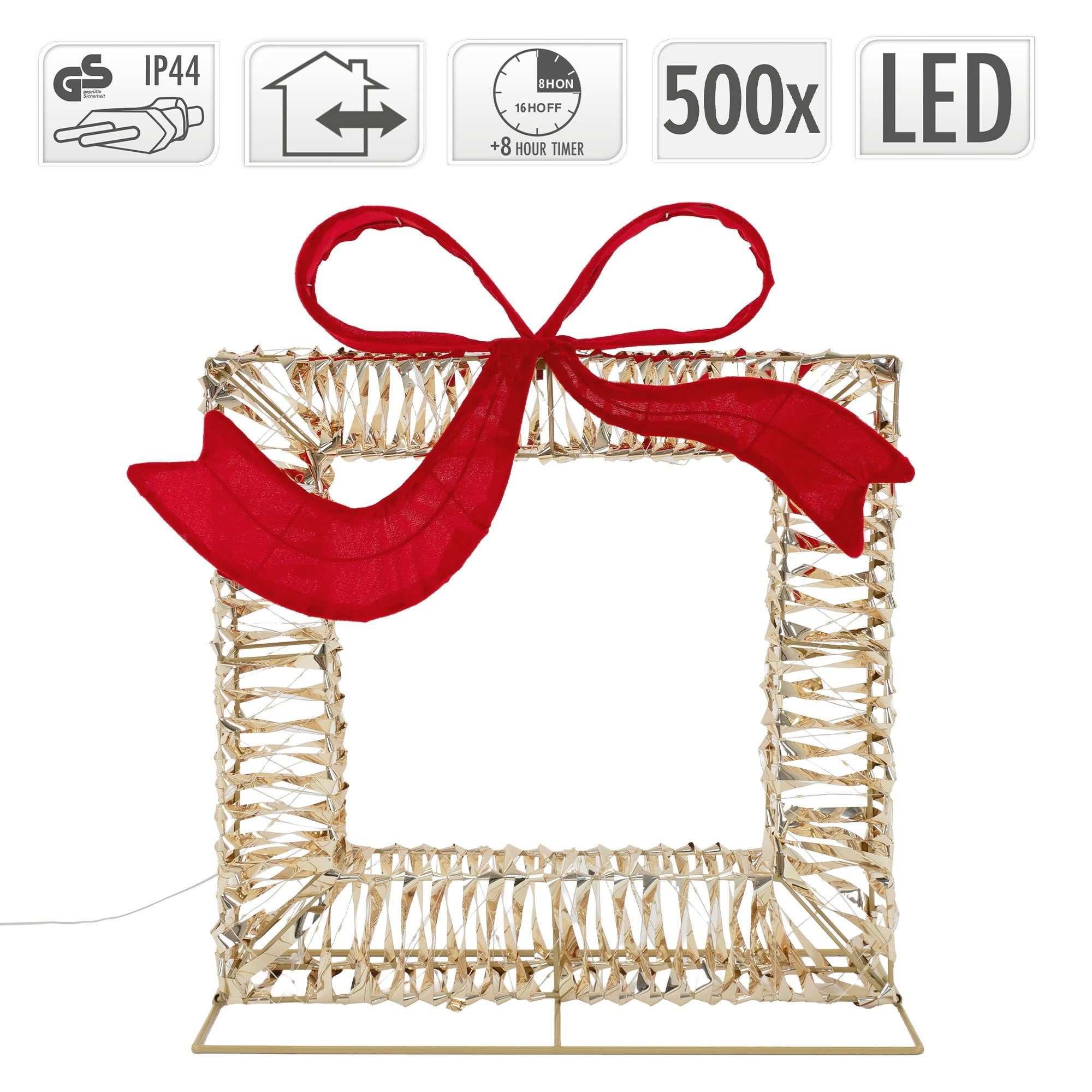 Dekorative LED-Rahmen mit rotem Schleifenmotiv, goldfarbenes Design.