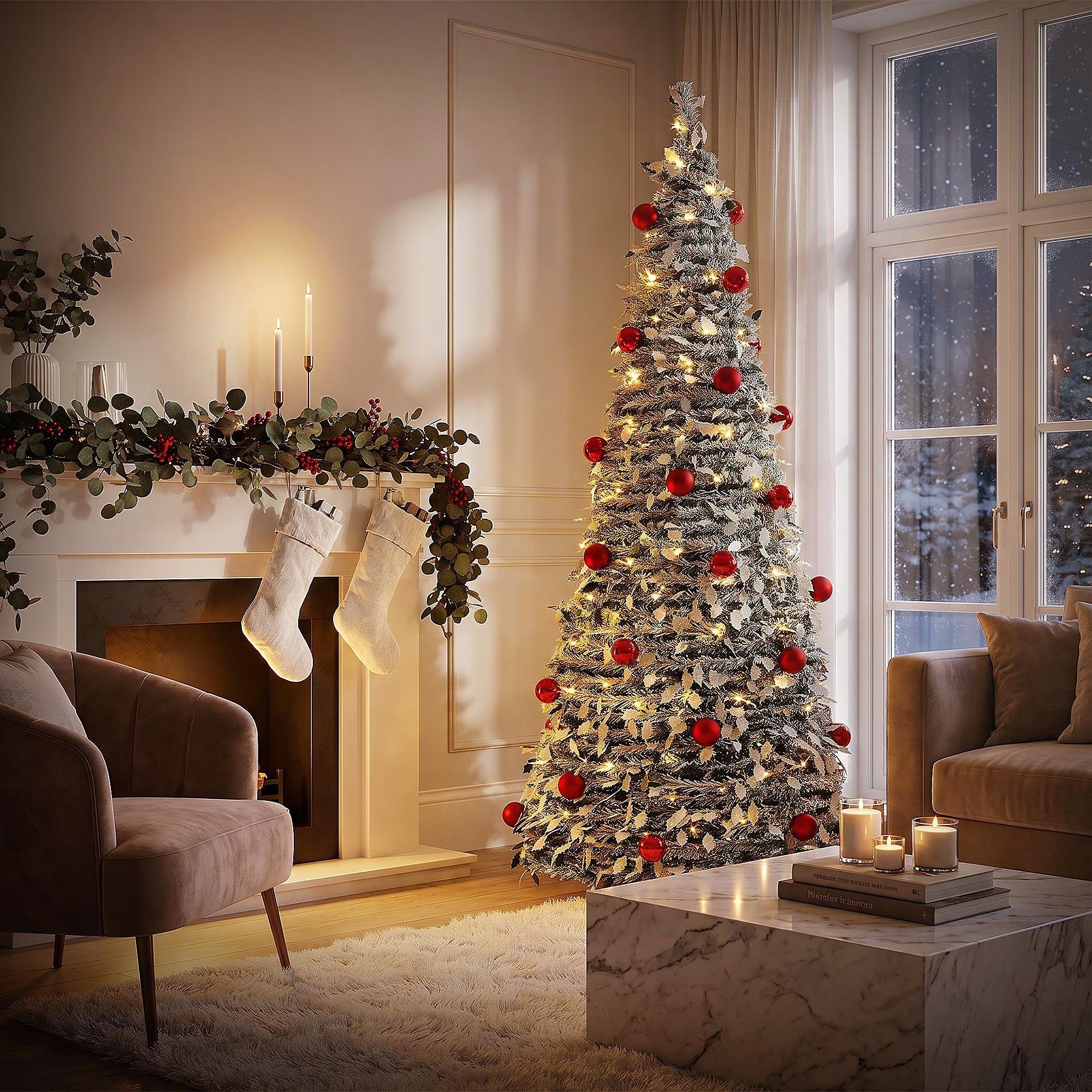 Weihnachtsbaum im Wohnzimmer mit Kamin, Kerzen und Weihnachtsstrümpfen.