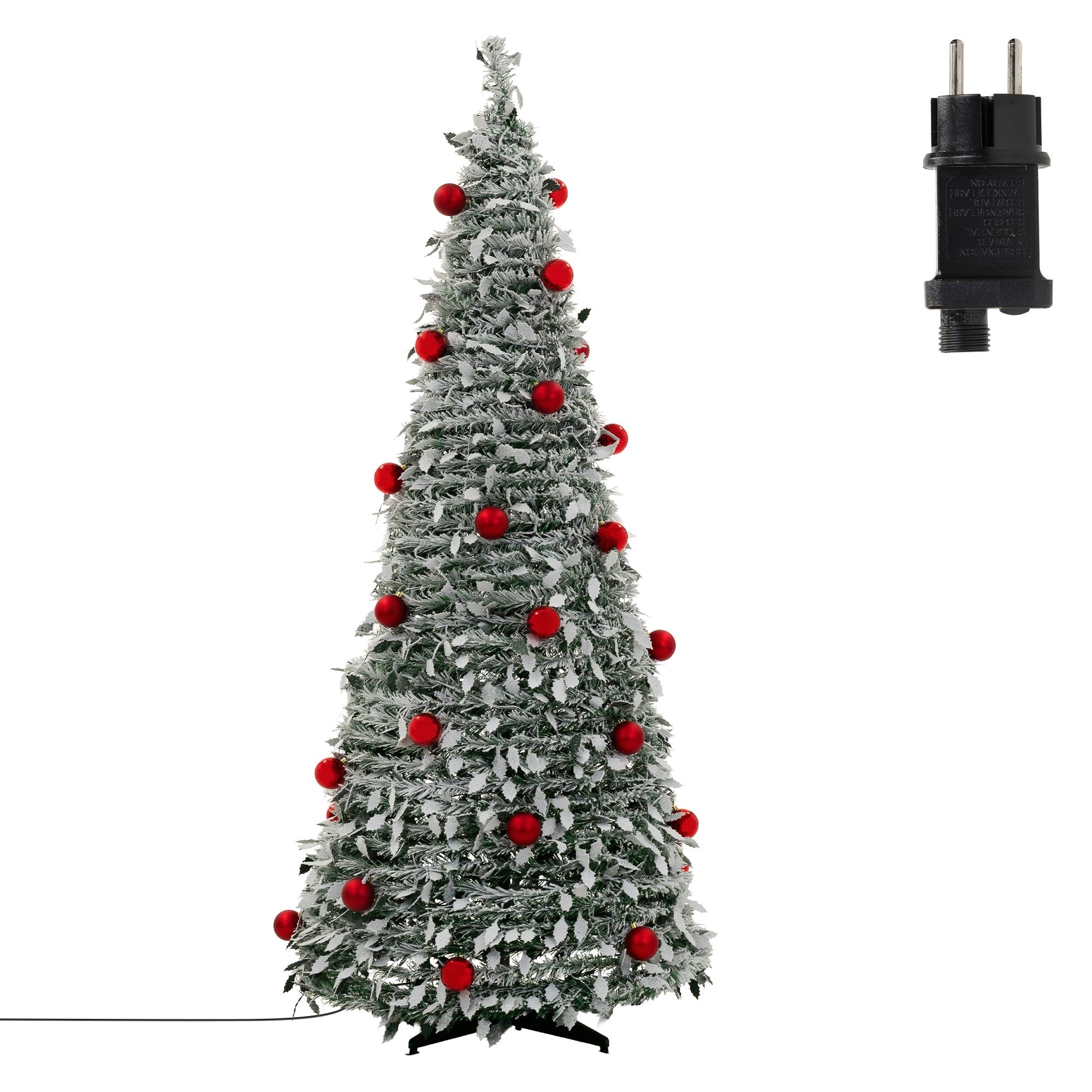 Künstlicher Weihnachtsbaum mit roten Kugeln, daneben ein Stecker.
