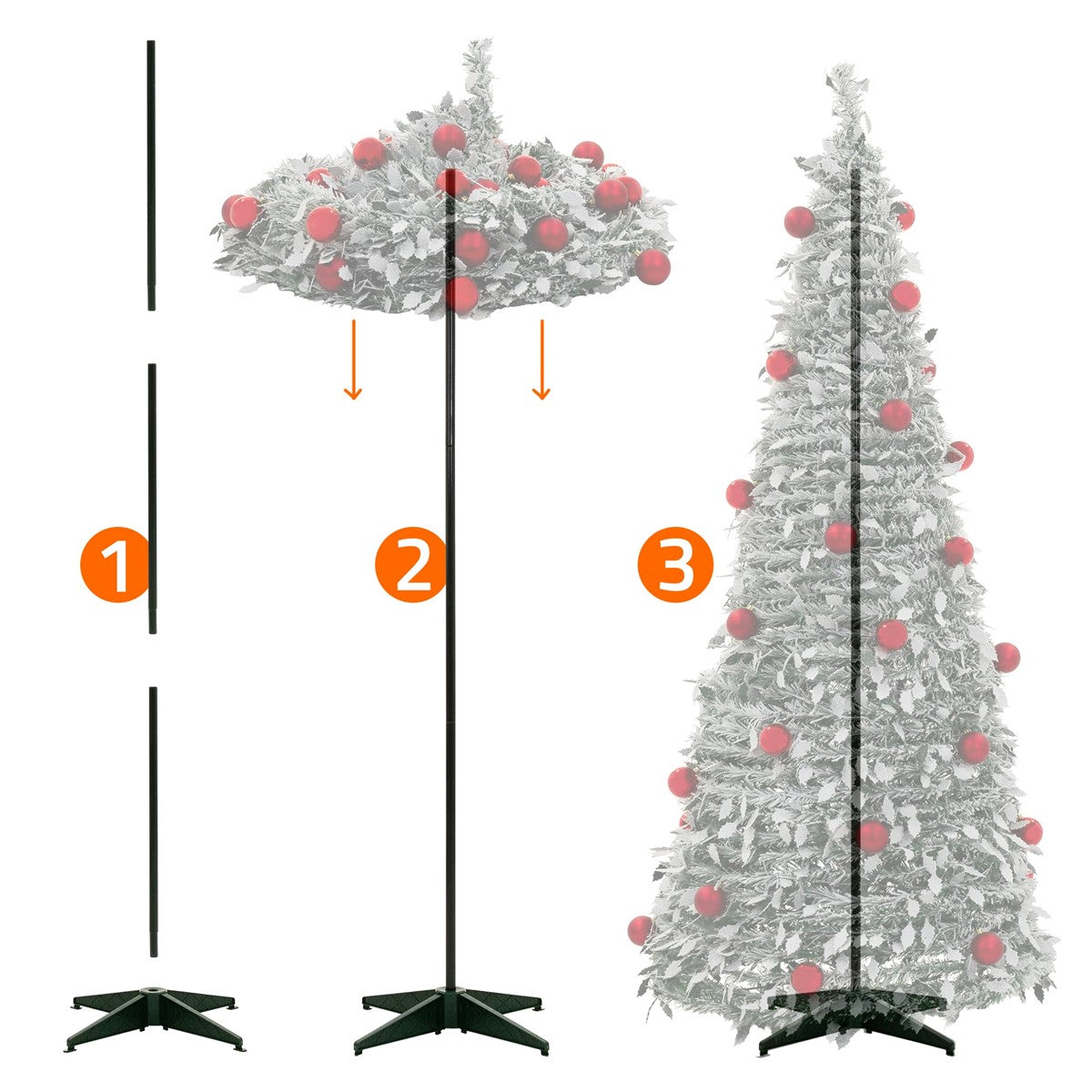 Drei Schritte zur Montage eines Weihnachtsbaumständers mit nummerierten Illustrationen.
