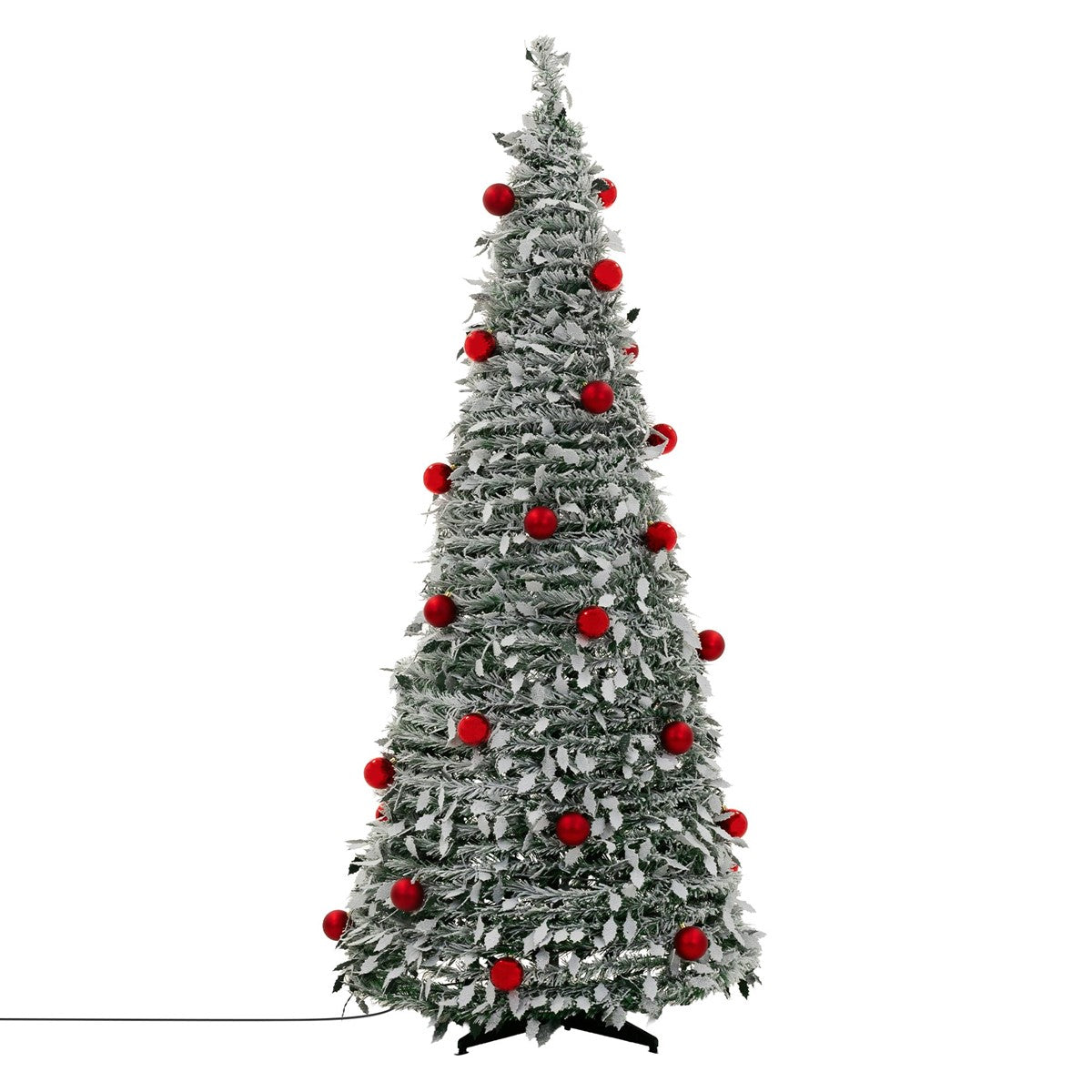 Albero di Natale artificiale con palline rosse, visto frontalmente.